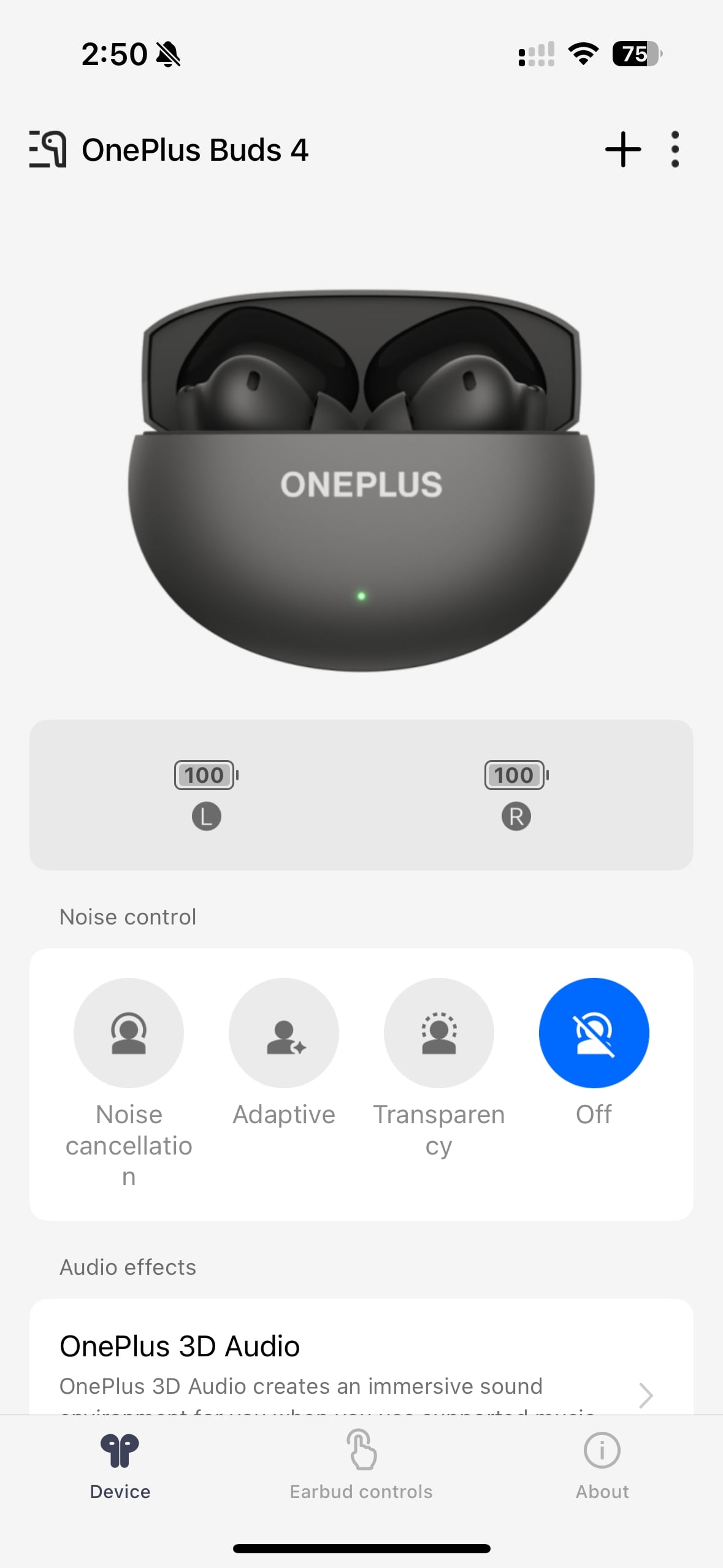 OnePlus Buds 4 HeyMelody app home screen.