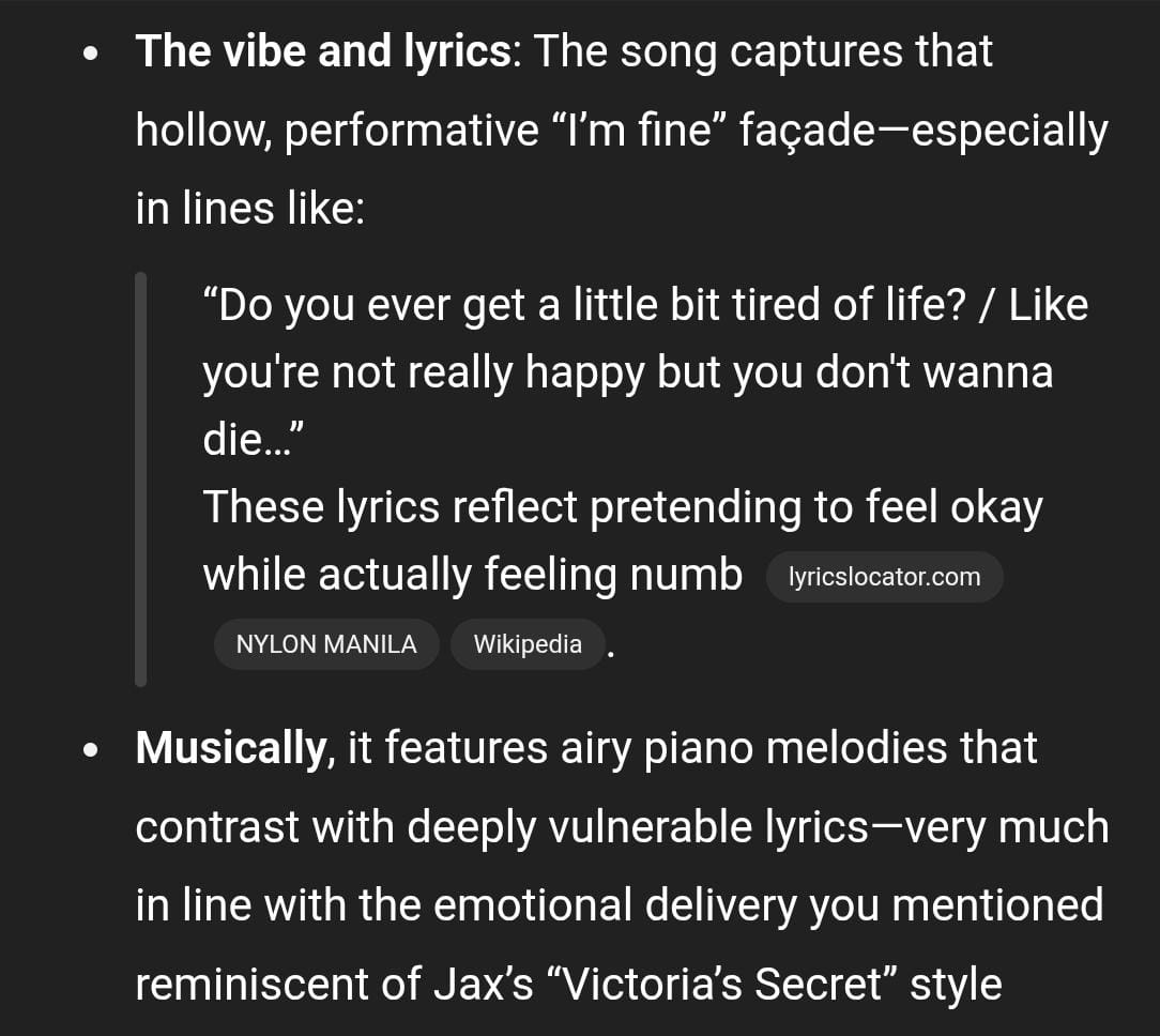 A screenshot showing ChatGPT explaining the contextual and emotional themes within the identified song's lyrics.