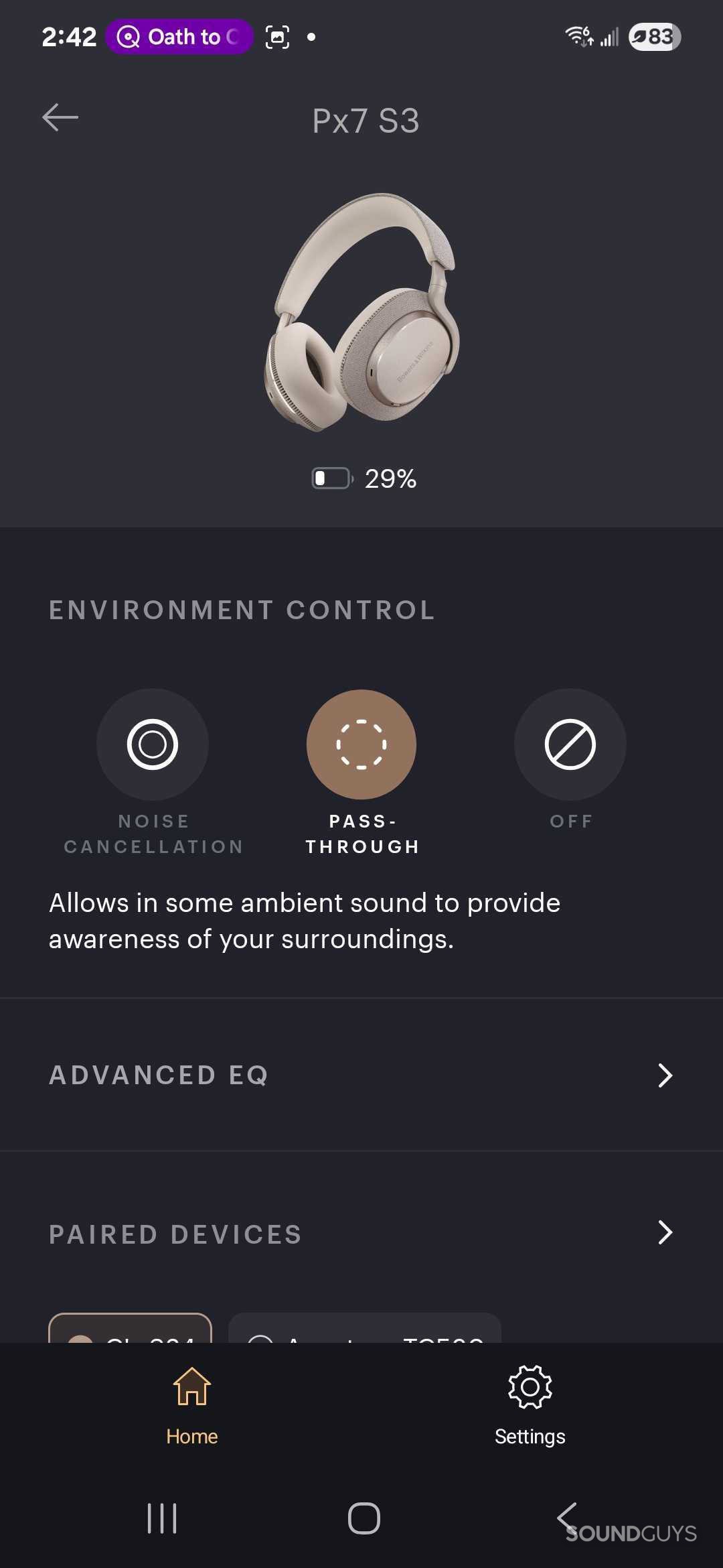A screenshot of the Bowers & Wilkins PX7 S3's app home screen.
