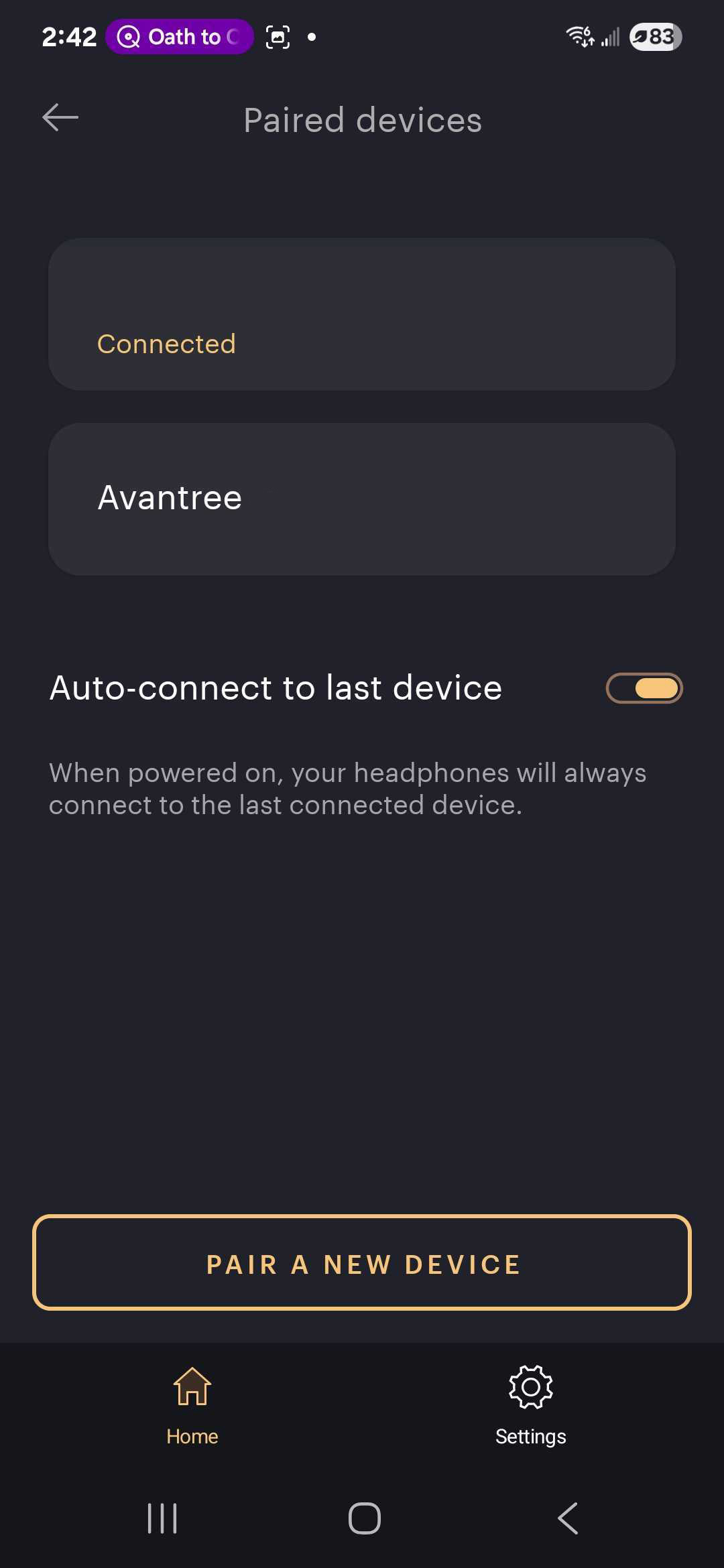 A screenshot of the multiple connection menu of the Bowers & Wilkins app.