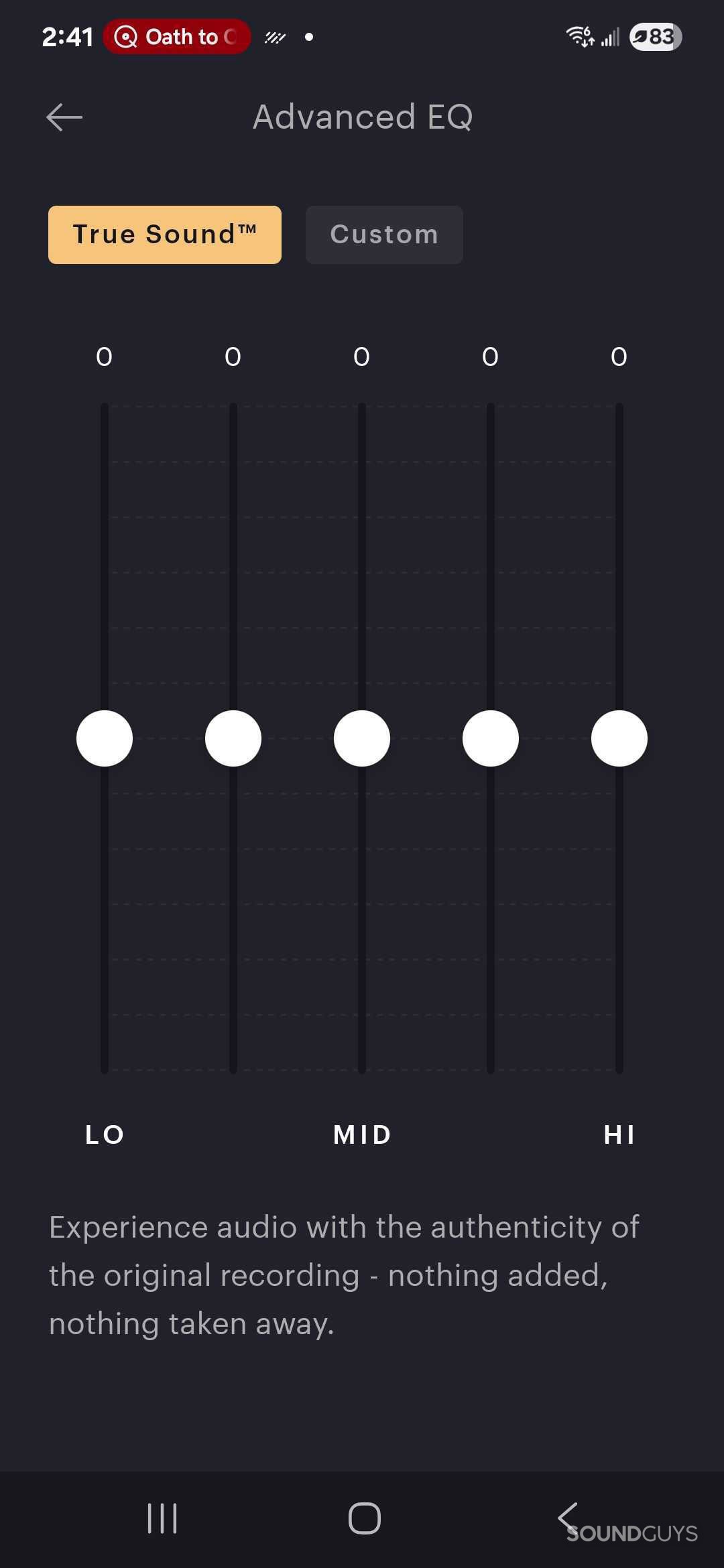 A screenshot of the Bowers & Wilkins Music app's 5-band EQ.