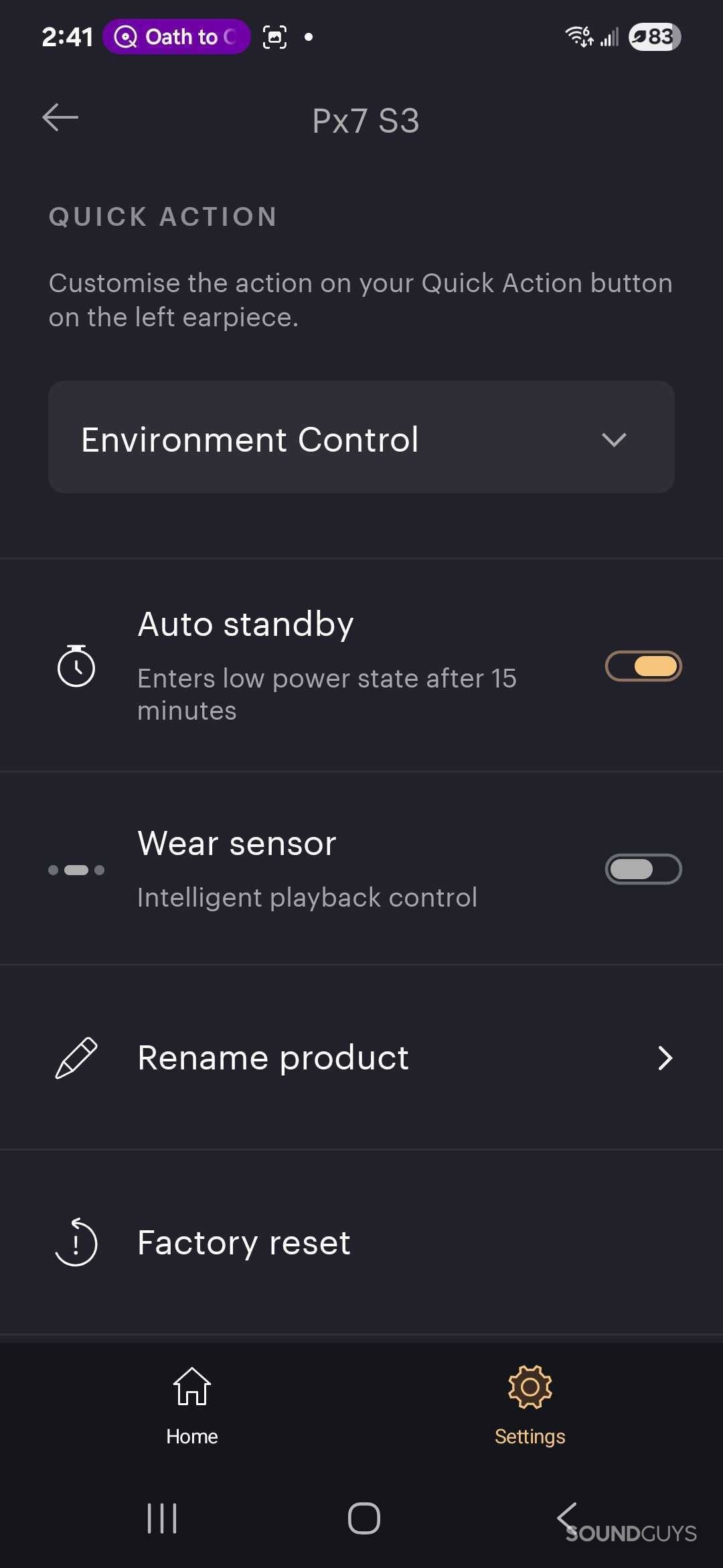 A screenshot of the headphones settings menu in the Bowers & Wilkins app.