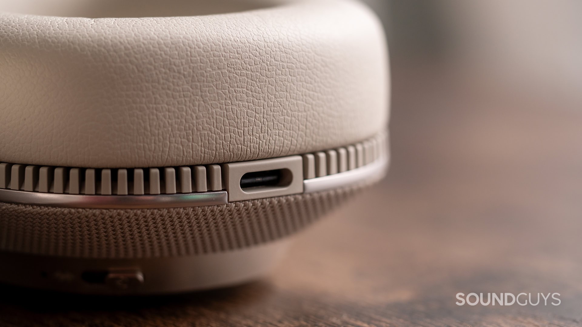 A close-up photo of the Bowers &amp; Wilkins PX7 S3's USB-C port.