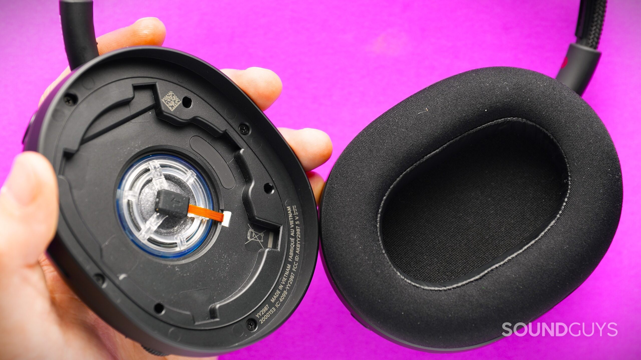 sony inzone h9 II with earcup removed to expose the drivers