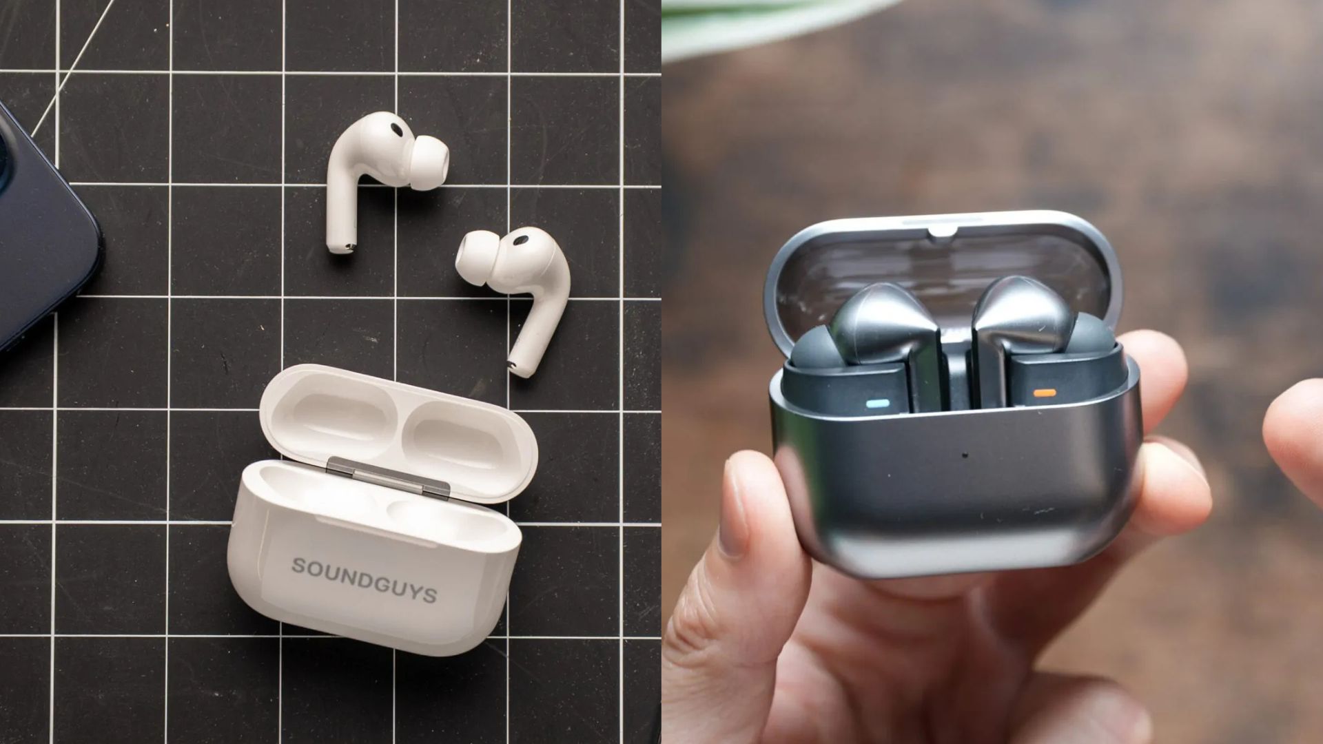 AirPods Pro 3 next to the Samsung Galaxy Buds 3 Pro.