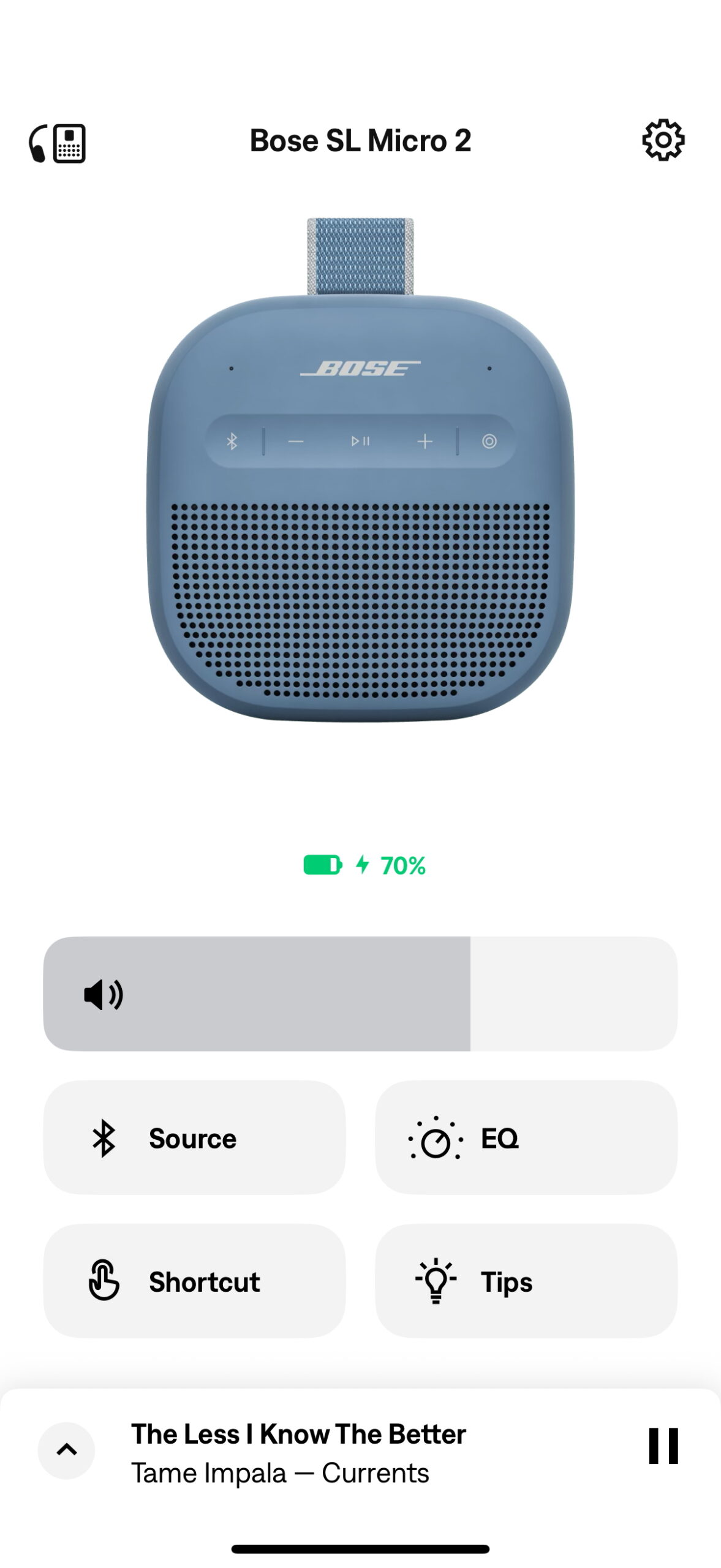 Screenshot of the Bose app while connected to a Bose SoundLink Micro (2nd Gen)