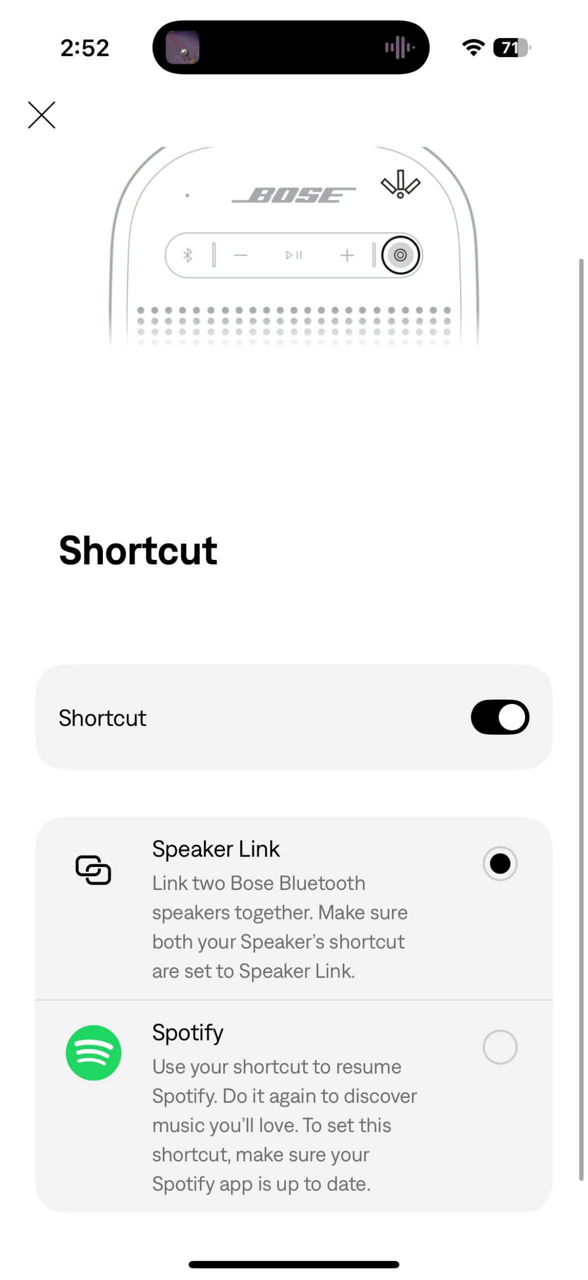 Screenshot of the Bose app while connected to a Bose SoundLink Micro (2nd Gen)