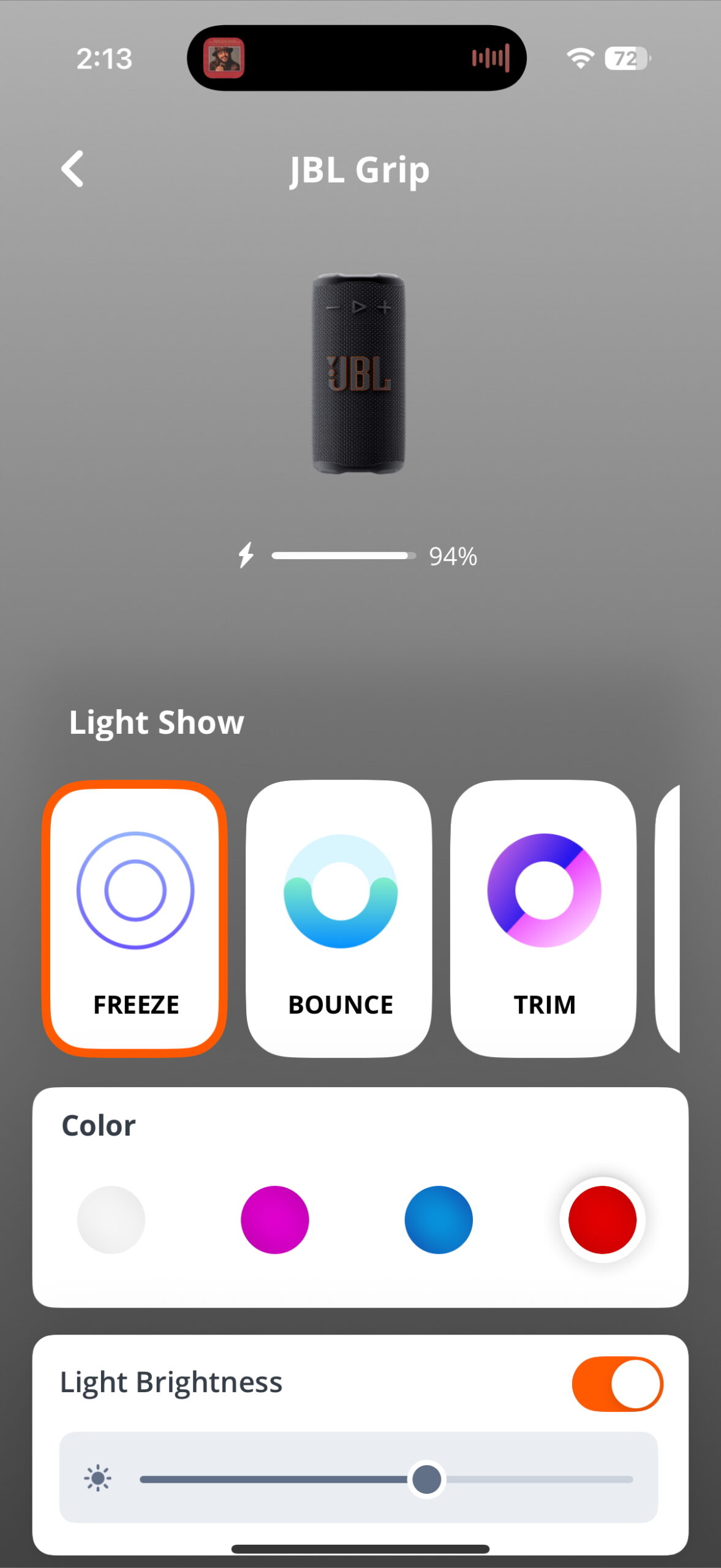 Screenshot of the JBL Portable app while connected to the Grip