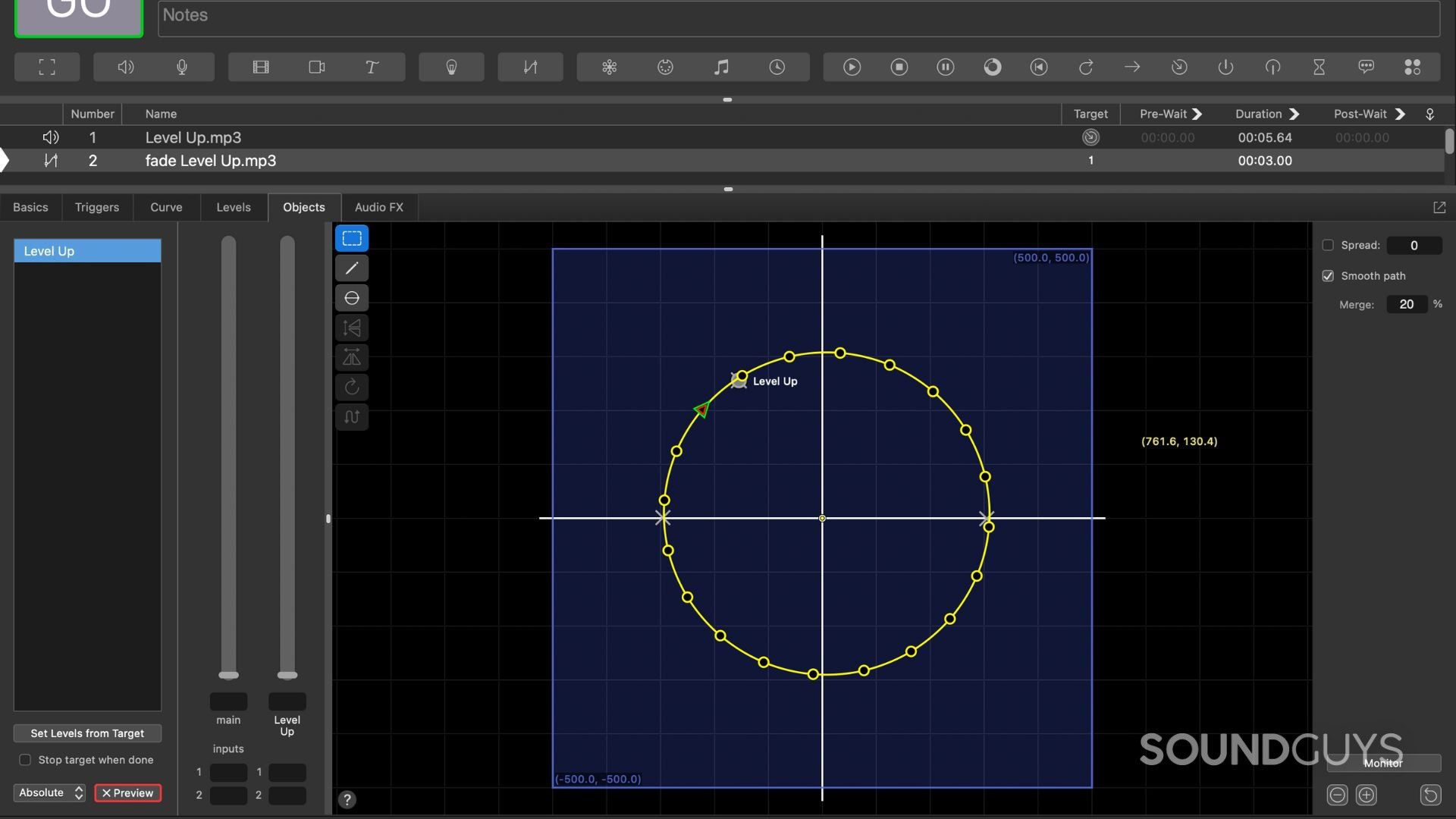 A screenshot of the QLab 5.5 Object Audio cue fades map.