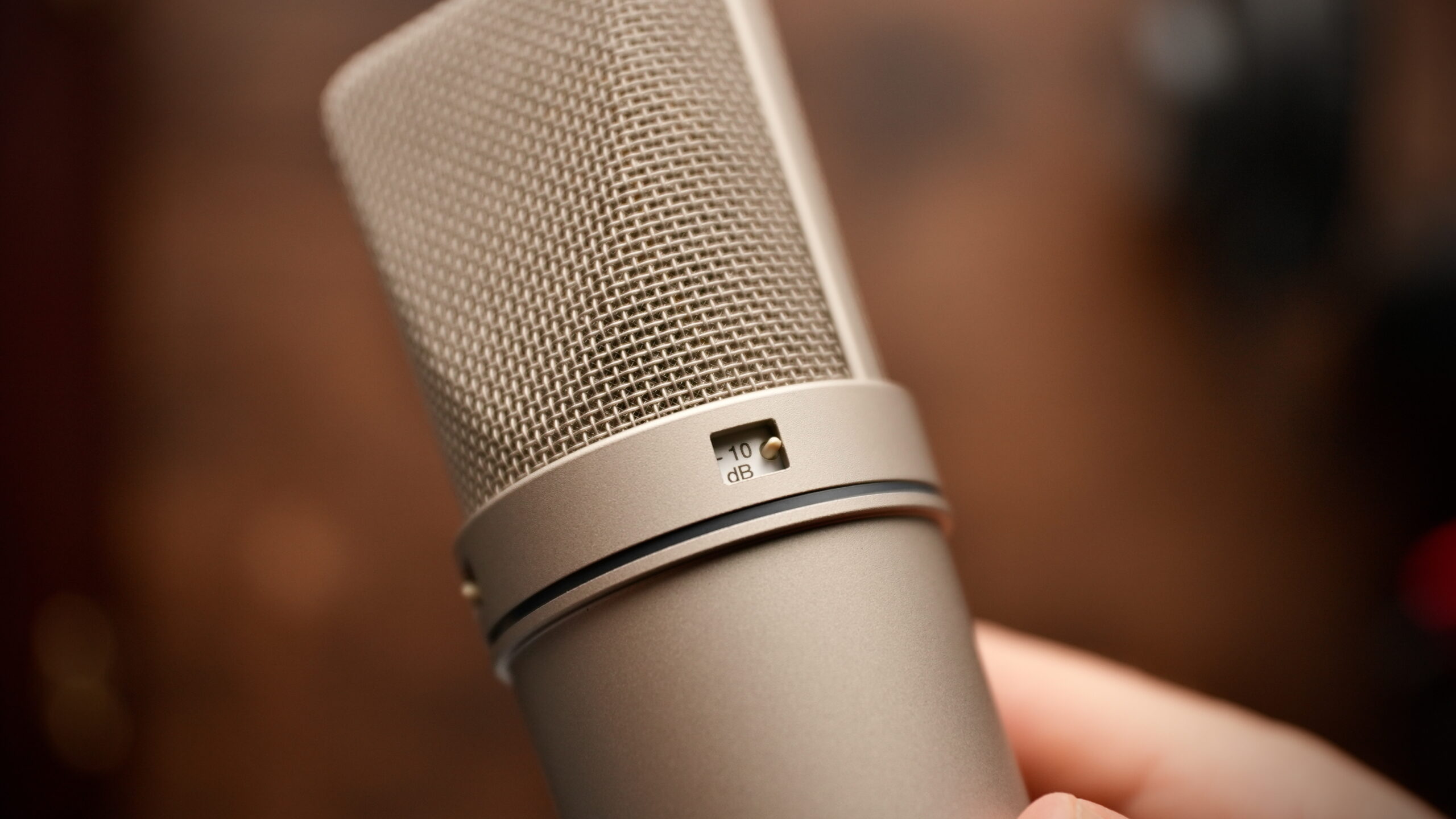 Close-up photo of the U-87 Ai's -10db pad switch in the on position.