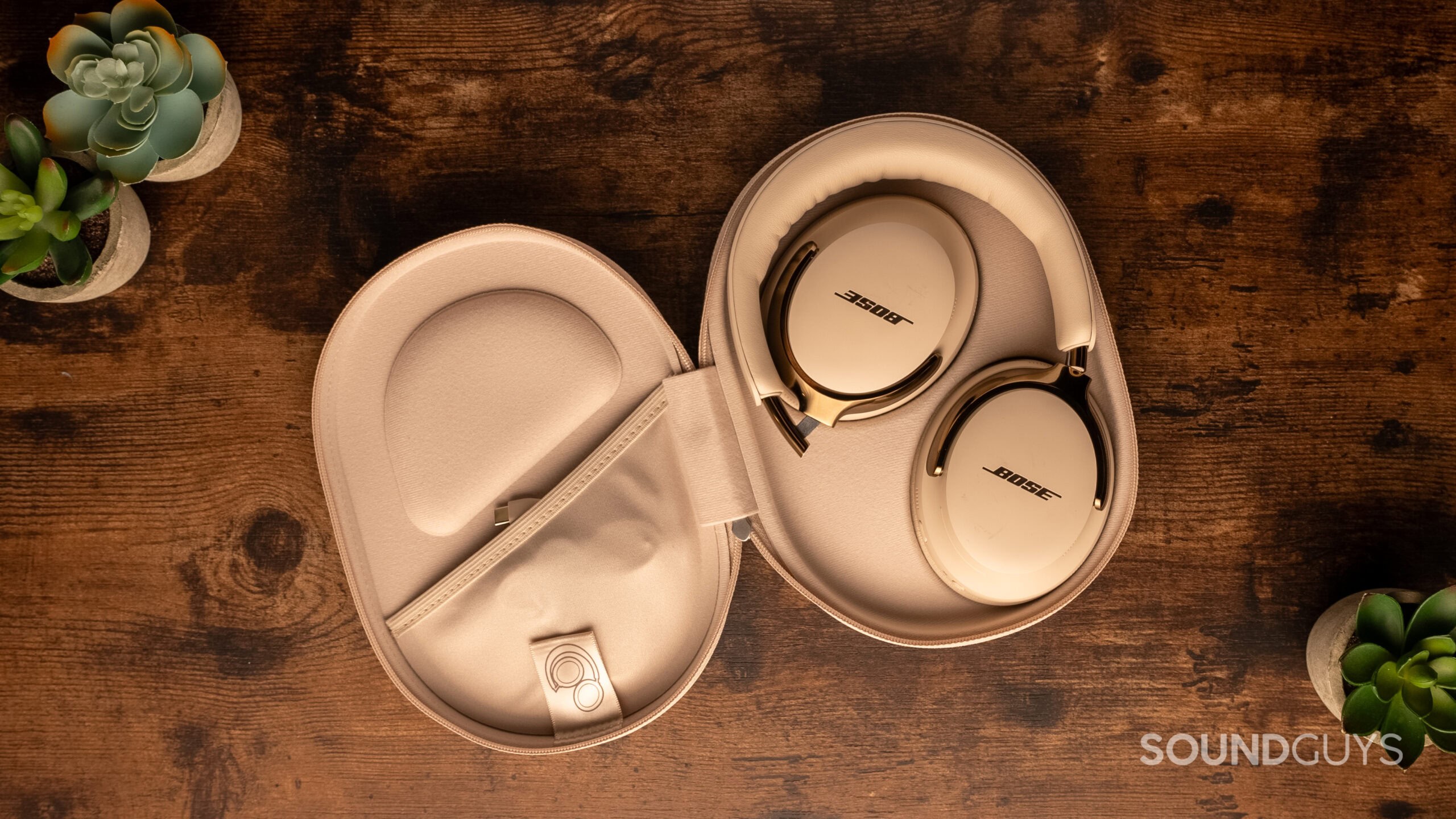 A top-down photo of the Bose QuietComfort Ultra 2nd Gen in its travel case.