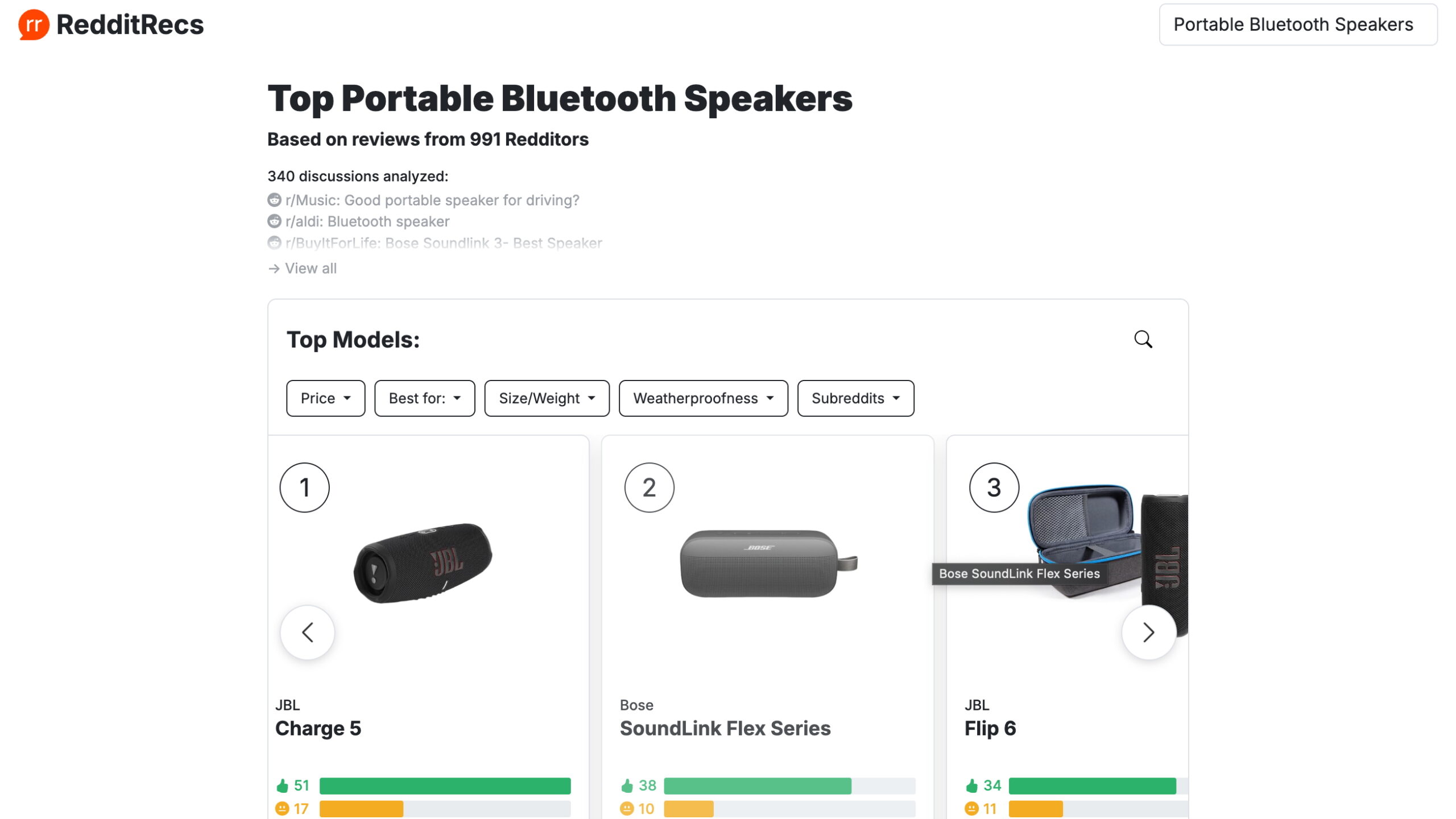 Screenshot showing the results of the "best Bluetooth speakers" according to Reddit