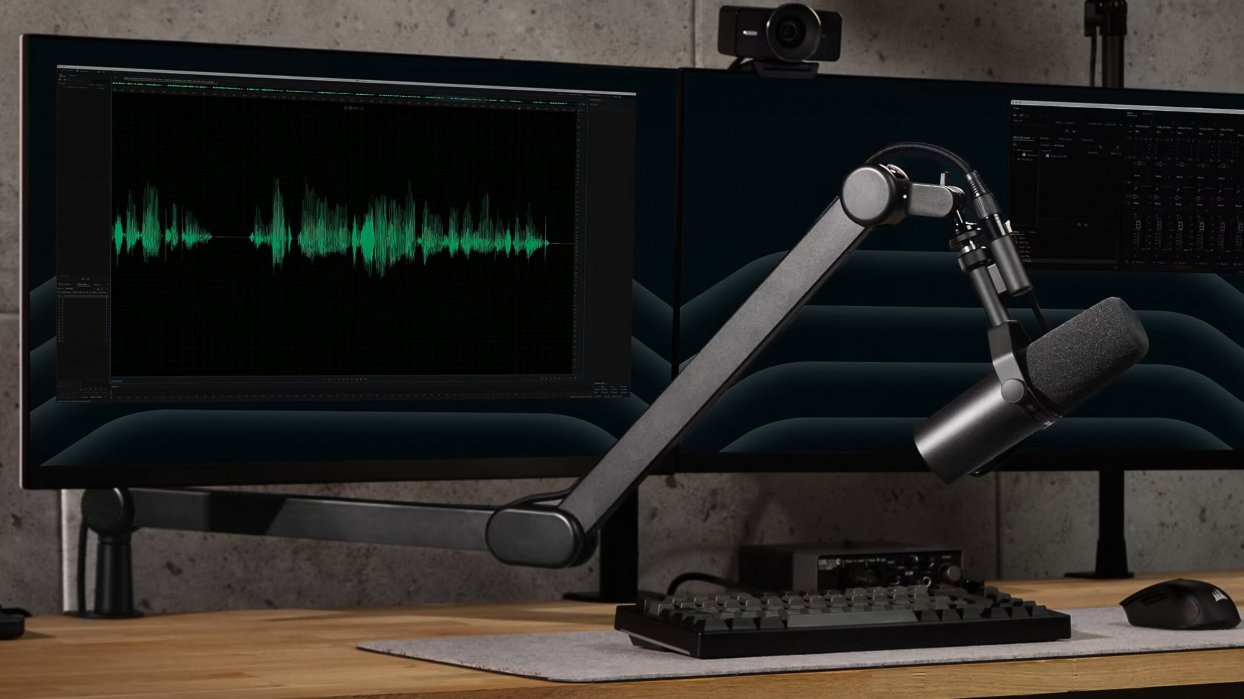Elgato Wave Arm MK.2 routed underneath a monitor.