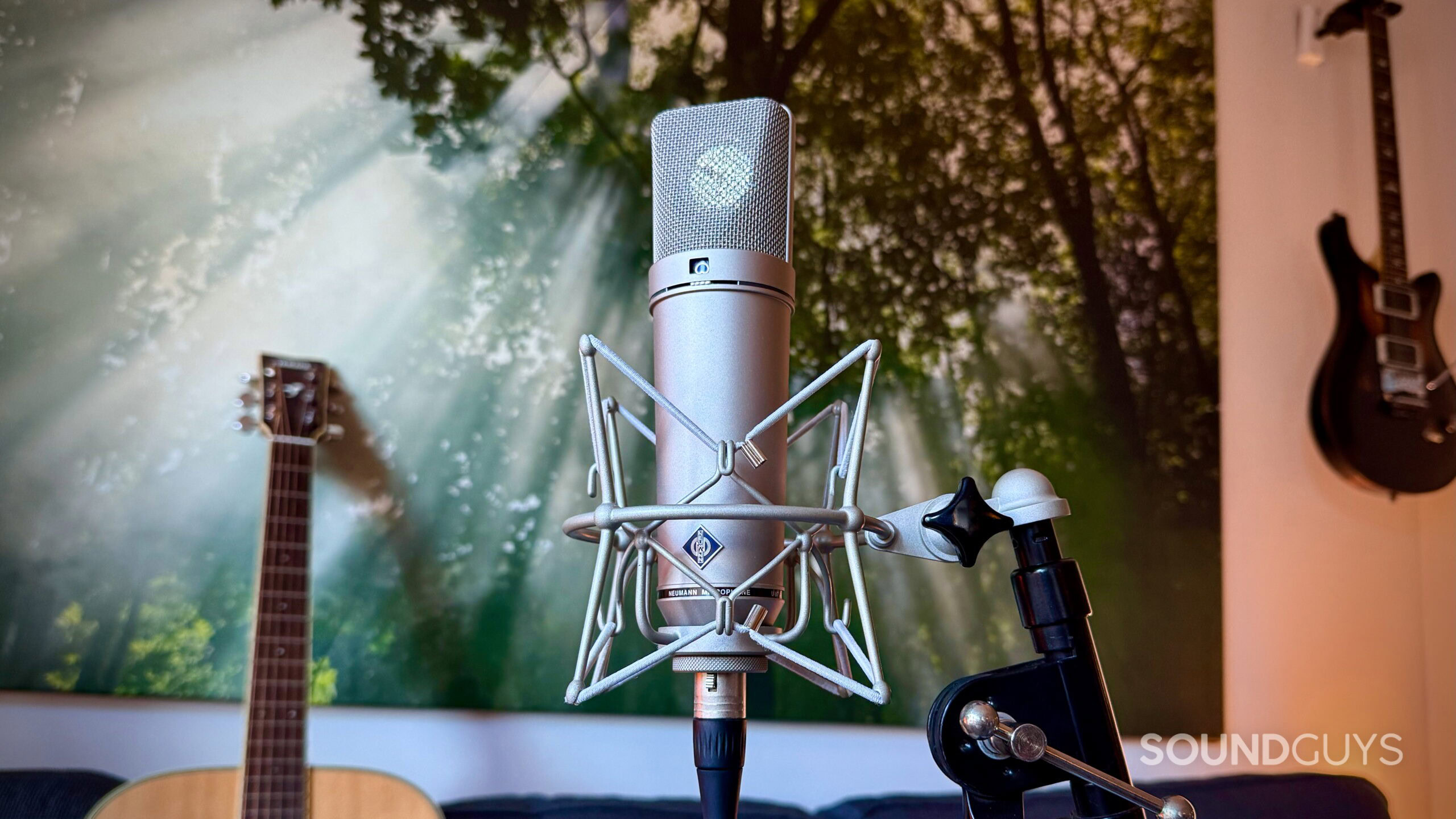 U 87 Ai - 1 A Neumann U 87 Ai microphone in its shockmount with some guitars in the background and a tree poster.