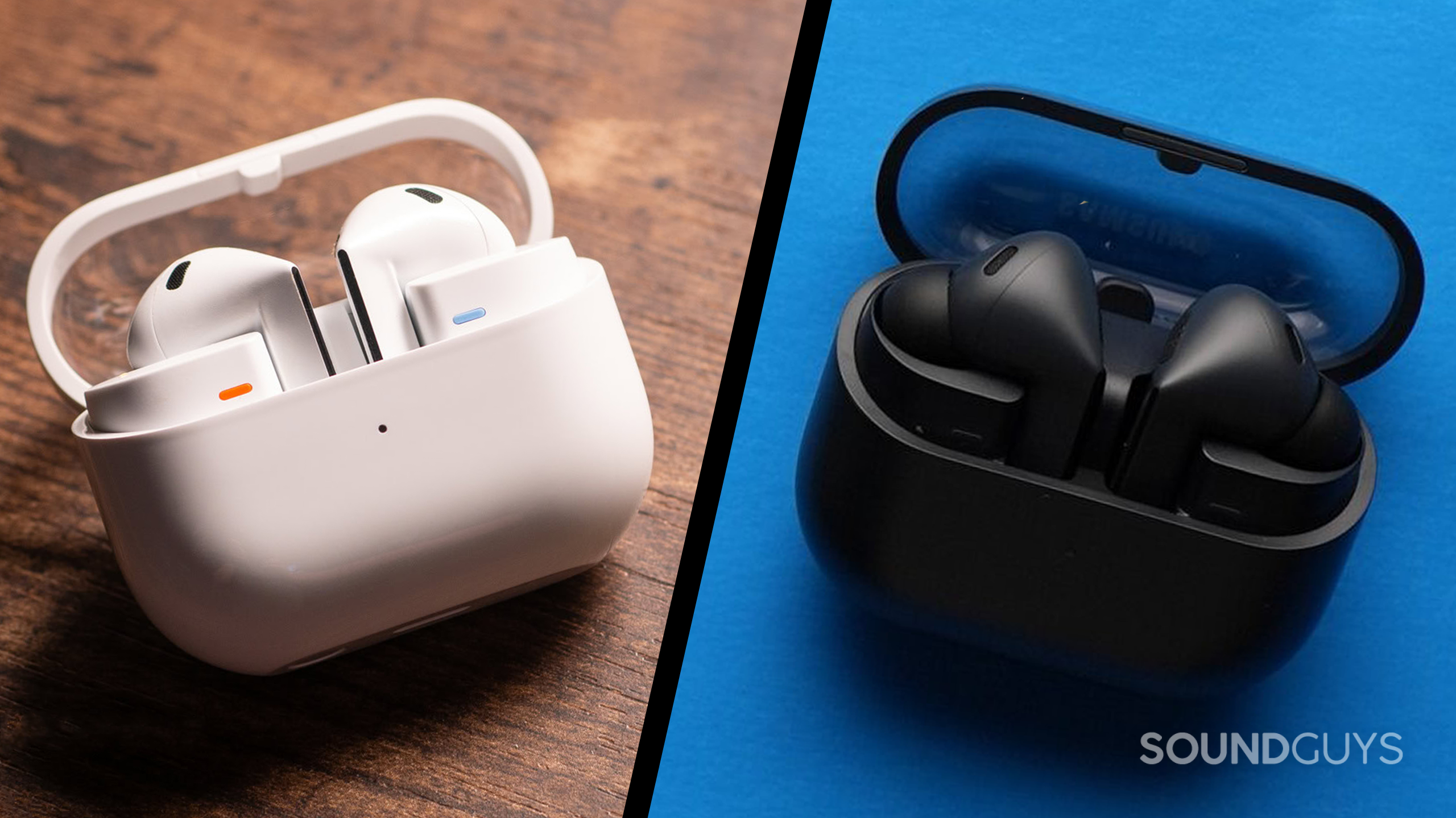 The Samsung Galaxy Buds 3 and the Samsung Galaxy Buds 3 FE sit side by side on a table. The two sides of the image are divided by a black line.