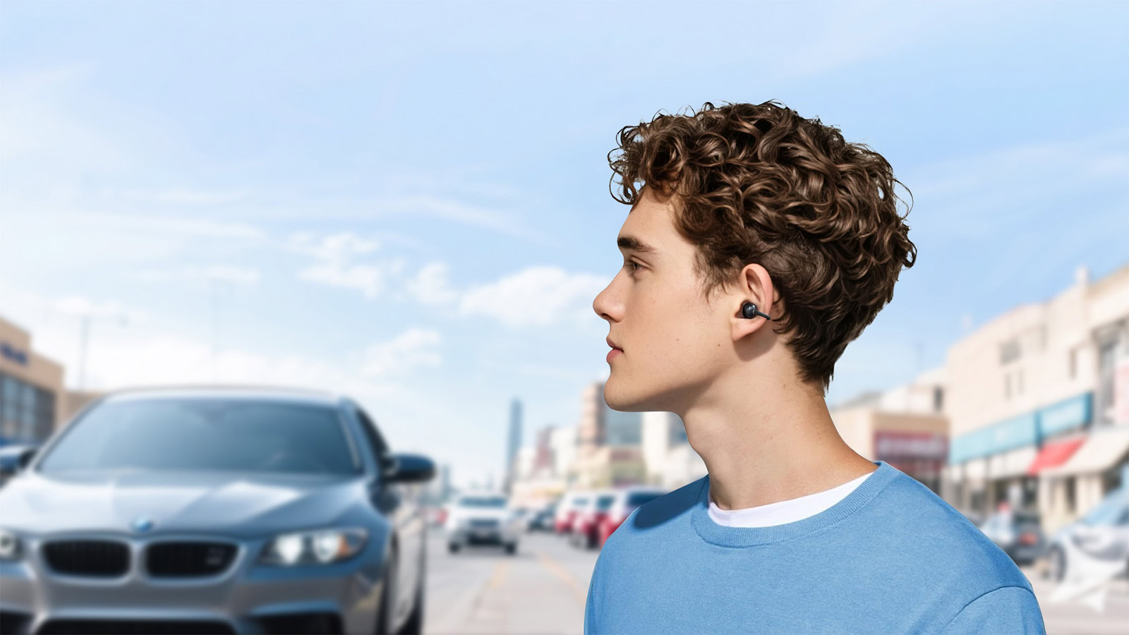 EarFun Clip lifestyle EarFun Clip earbuds worn by a man.