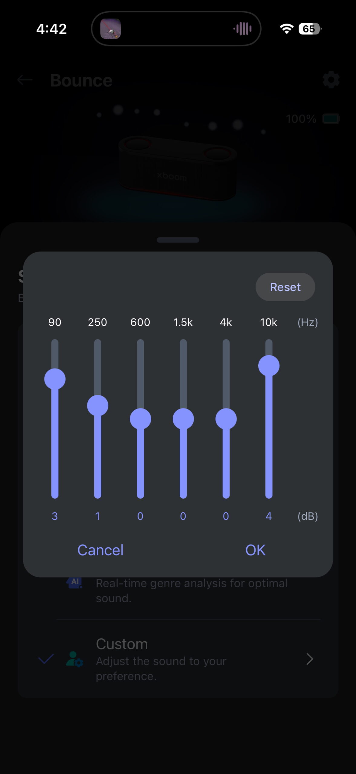 Screenshot of the LG ThinQ app while connected to an xboom Bounce