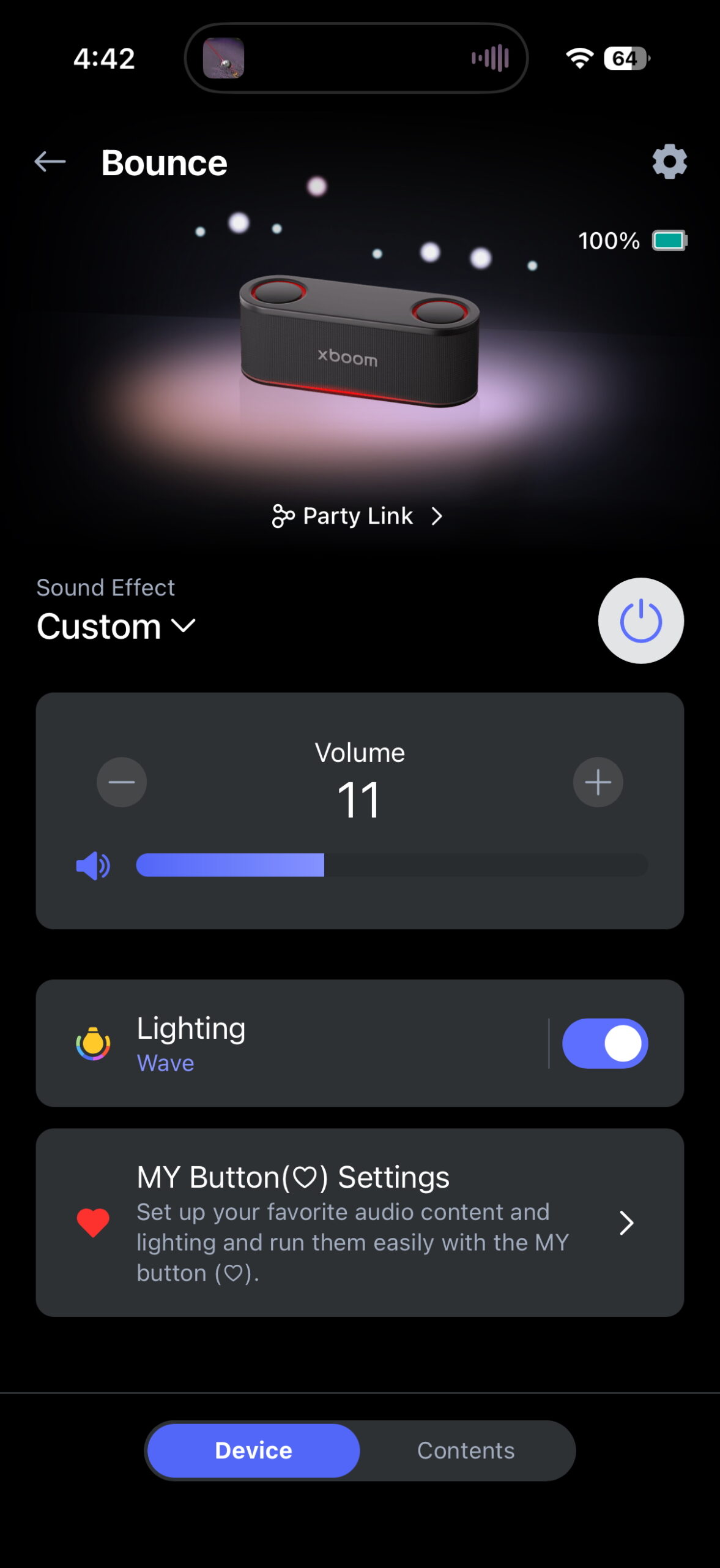 Screenshot of the LG ThinQ app while connected to an xboom Bounce