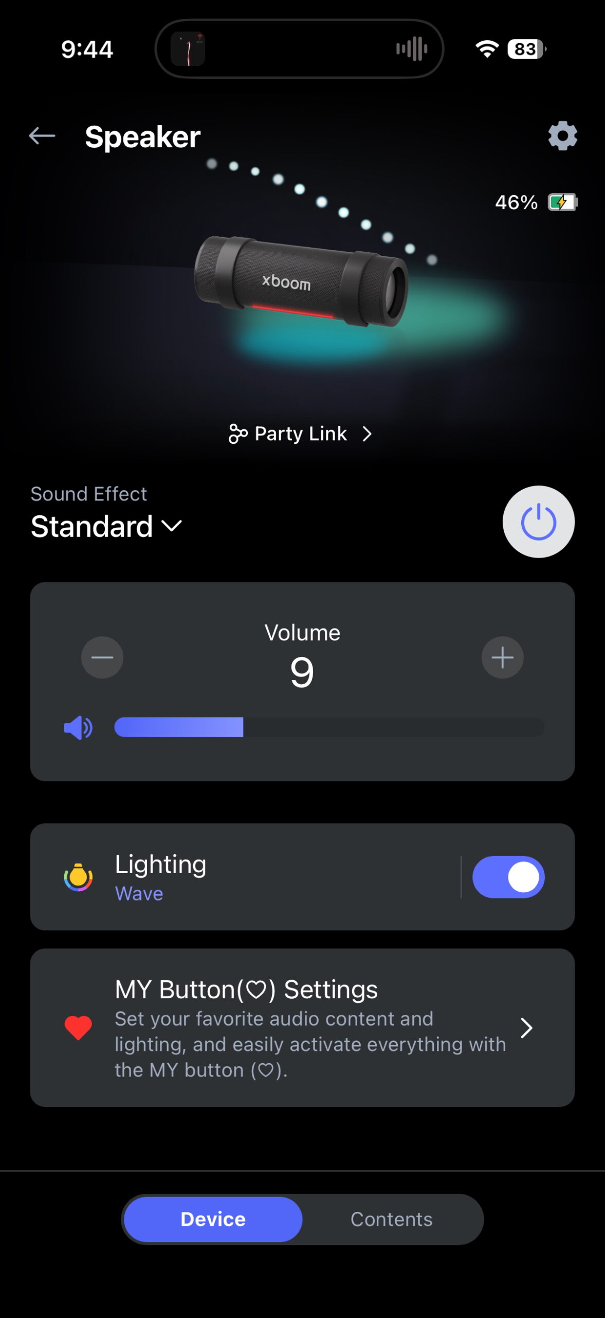 Screenshot of the LG ThinQ app while connected to the LG xboom Grab.