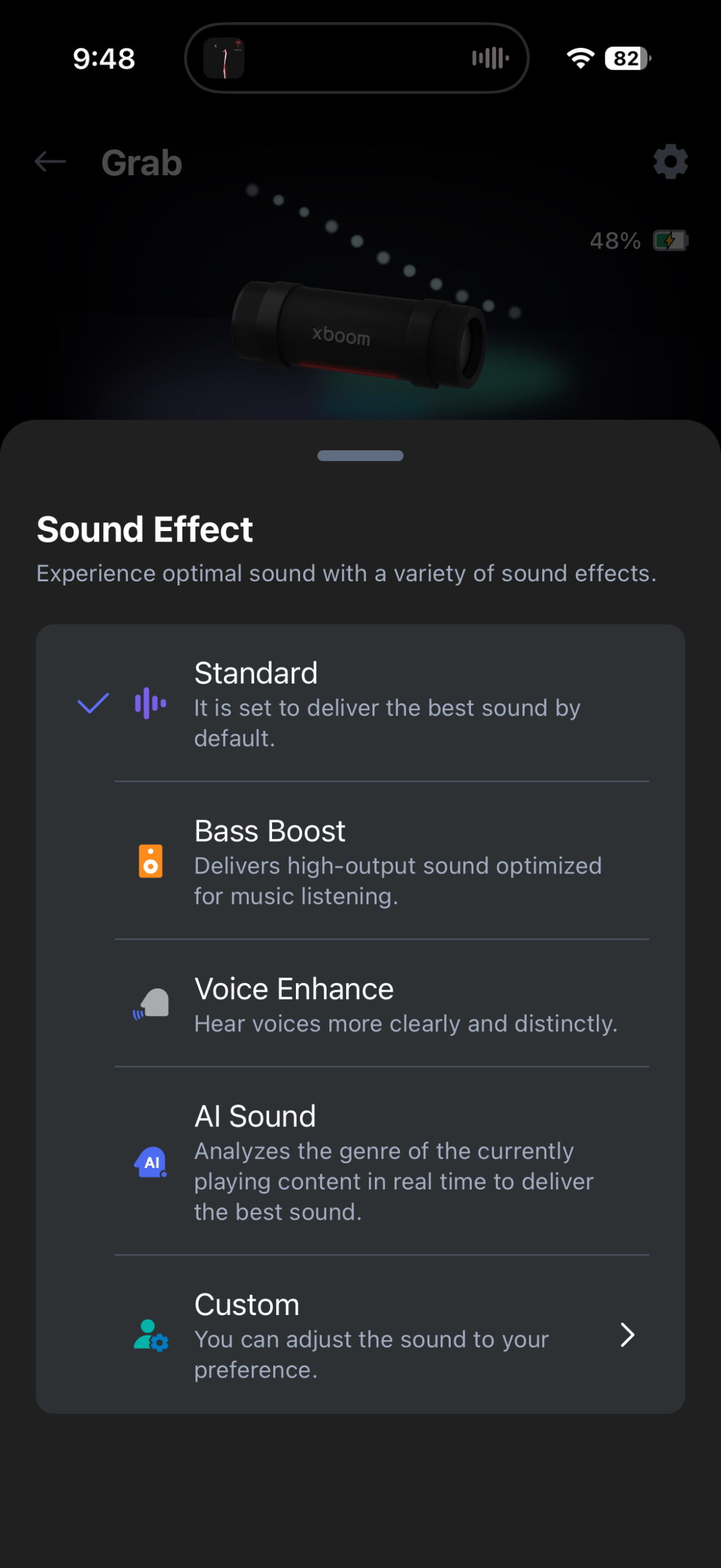 Screenshot of the LG ThinQ app while connected to the LG xboom Grab.