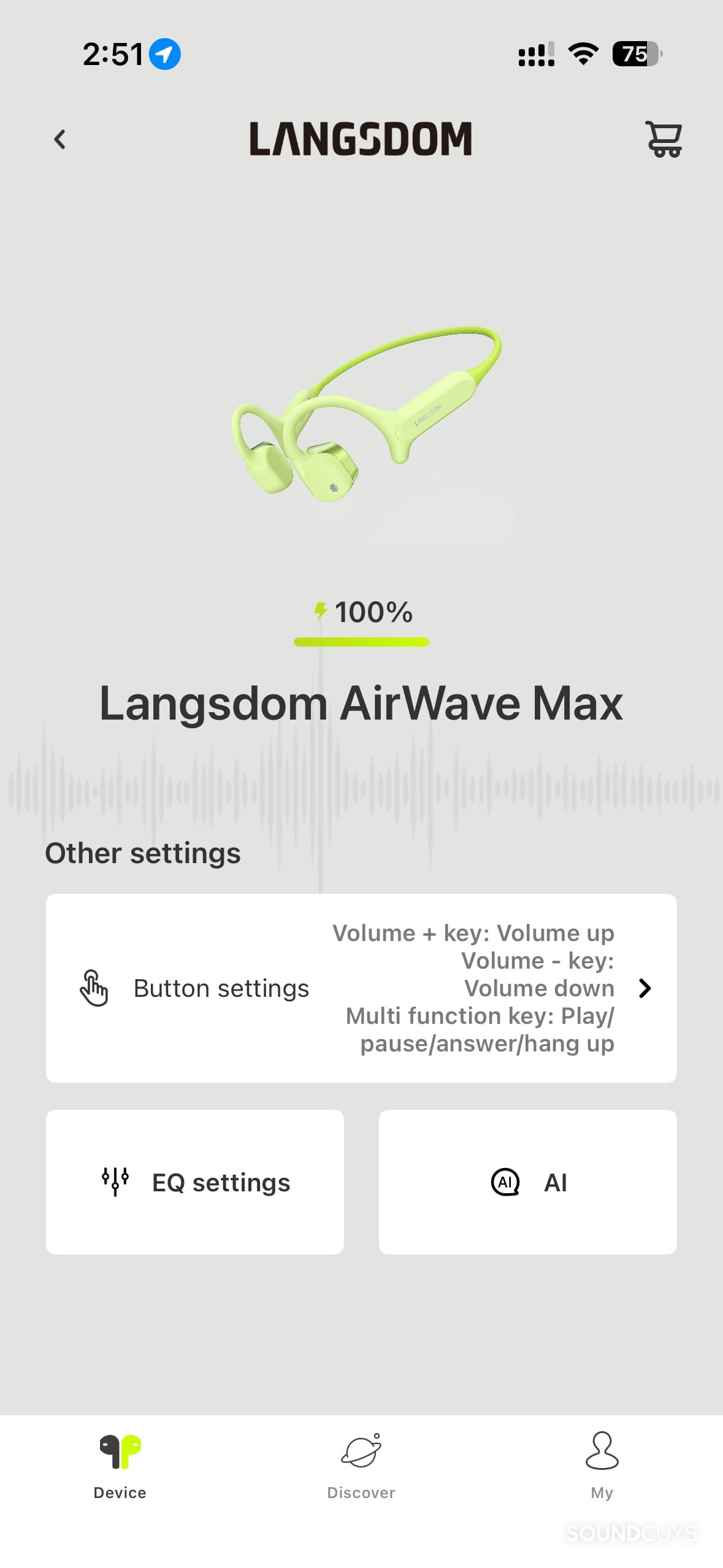 Langsdom AirWave Max headphone app homepage.