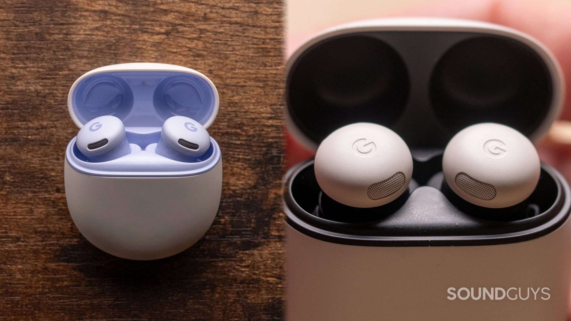 A side-by-side photo collage of the Google Pixel Buds 2a and the Google Pixel Buds Pro 2.