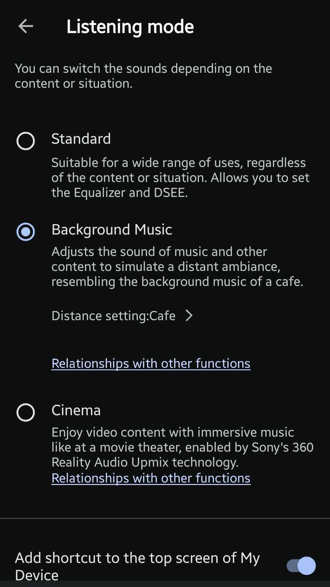 Sony Sound Connect app background music mode