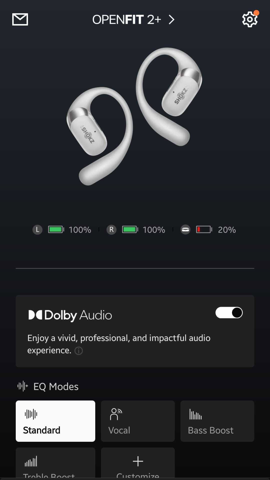Shokz OpenFit 2+ App homescreen