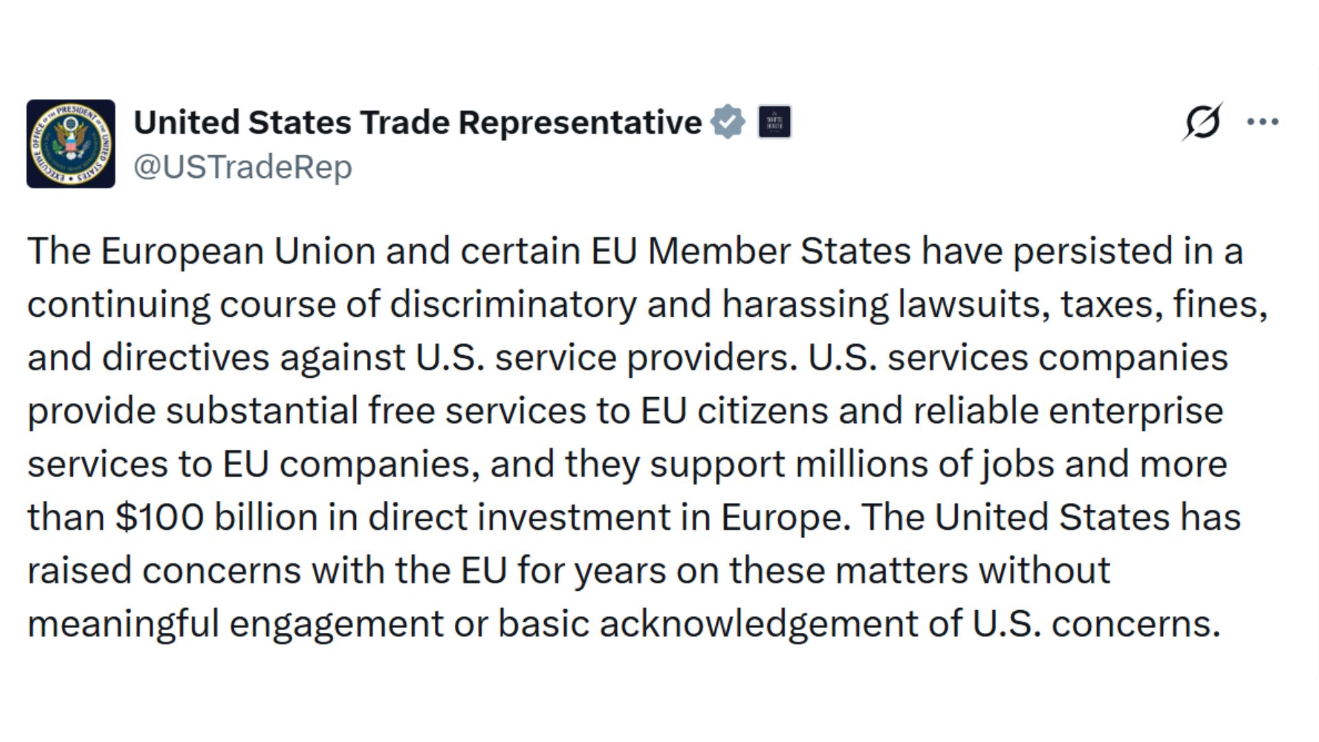 The-USTR-EU-fees-and-restrictions-X-post A screenshot of the United States Trade Representative's X post.