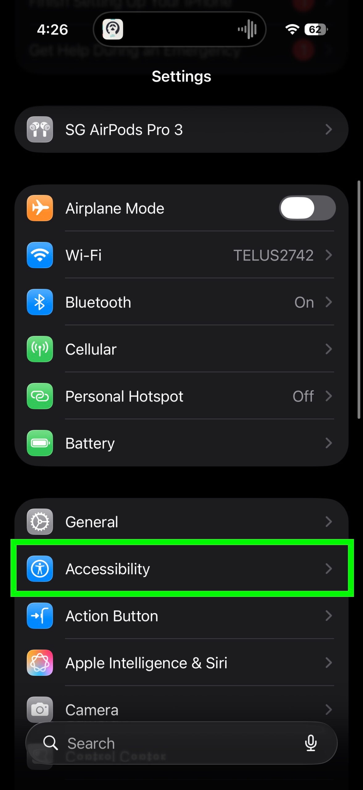 iPhone Settings menu showing the Accessibility option used to access audio customization features.
