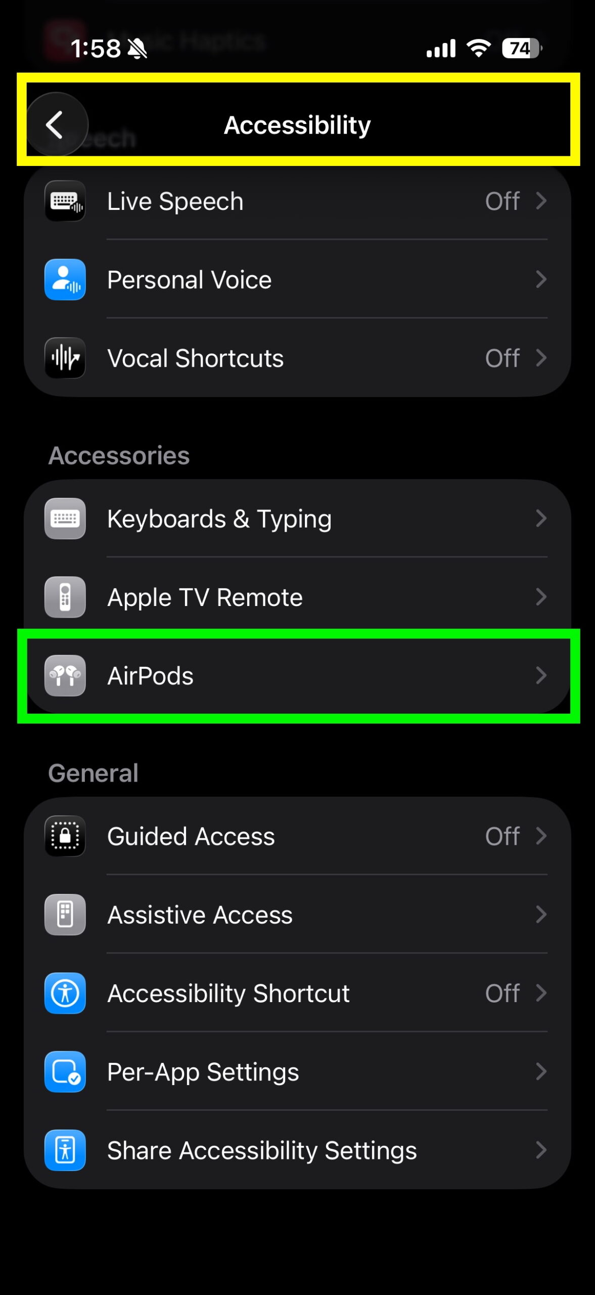 iPhone Accessibility menu with the AirPods option visible under Accessories.
