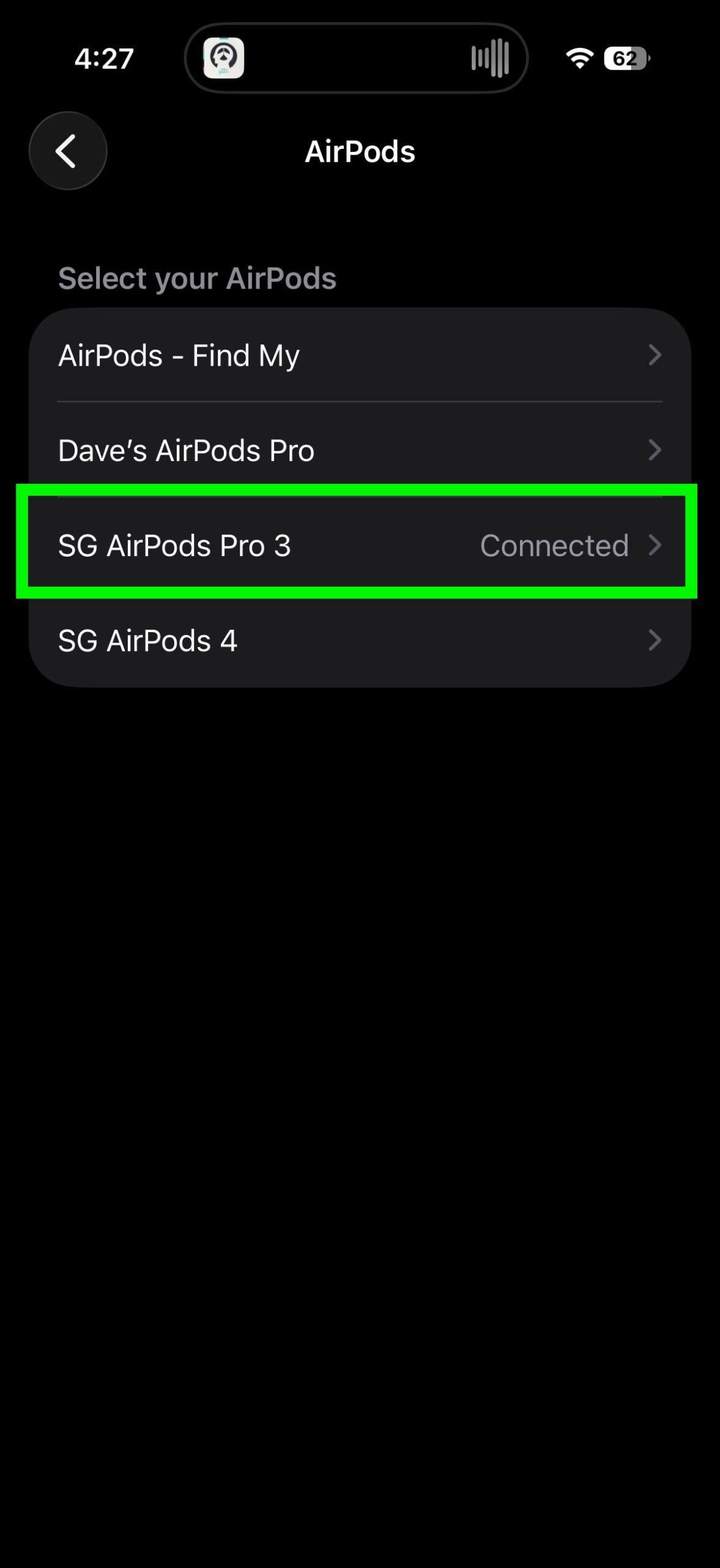 AirPods menu showing AirPods Pro 3 selected and connected to the iPhone.