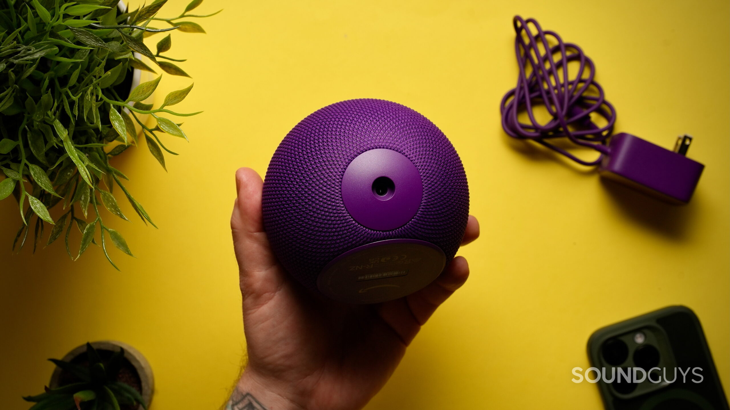 Top-down view of a hand holding a purple Amazon Echo Dot showing the rear port on a yellow background, with a power adapter to the right.