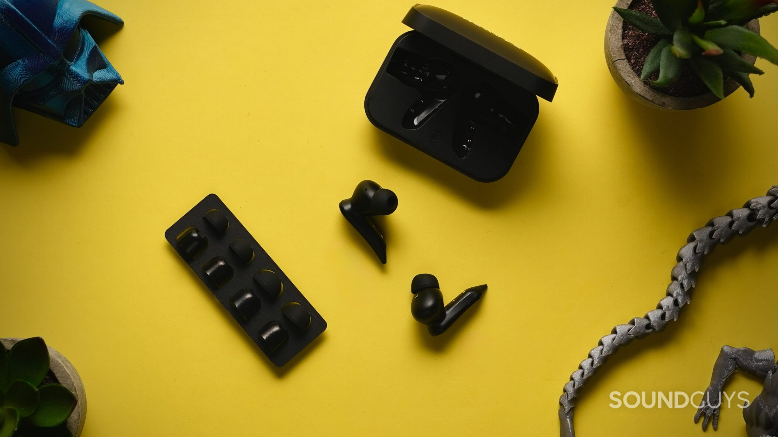Top down photo of the Heavys H1E earbuds, their case, and extra ear tips.