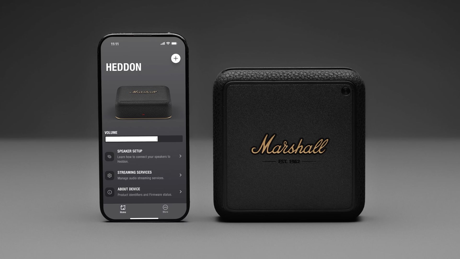 Marshall-Heddon-and-mobile-app A photograph of the Marshall Heddon and a mobile device.