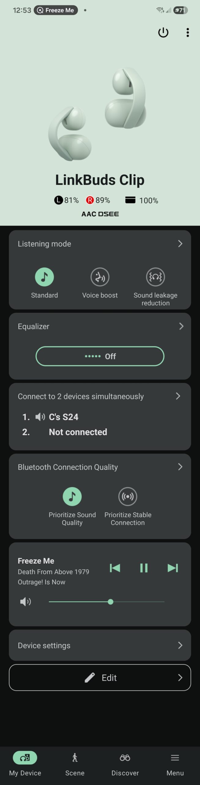 A screenshot of the Sony Sound Connect app in use with the Sony LinkBuds Clip.