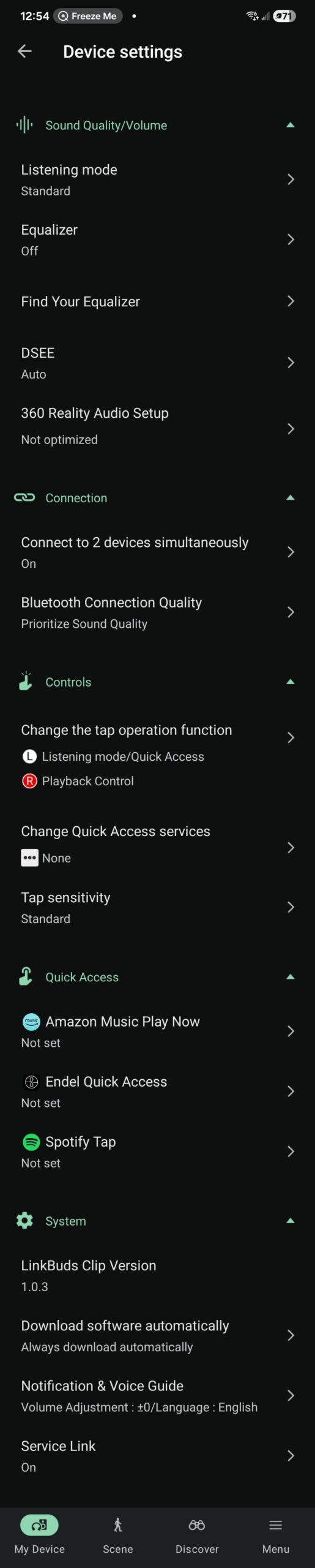A screenshot of the Sony Sound Connect app in use with the Sony LinkBuds Clip.
