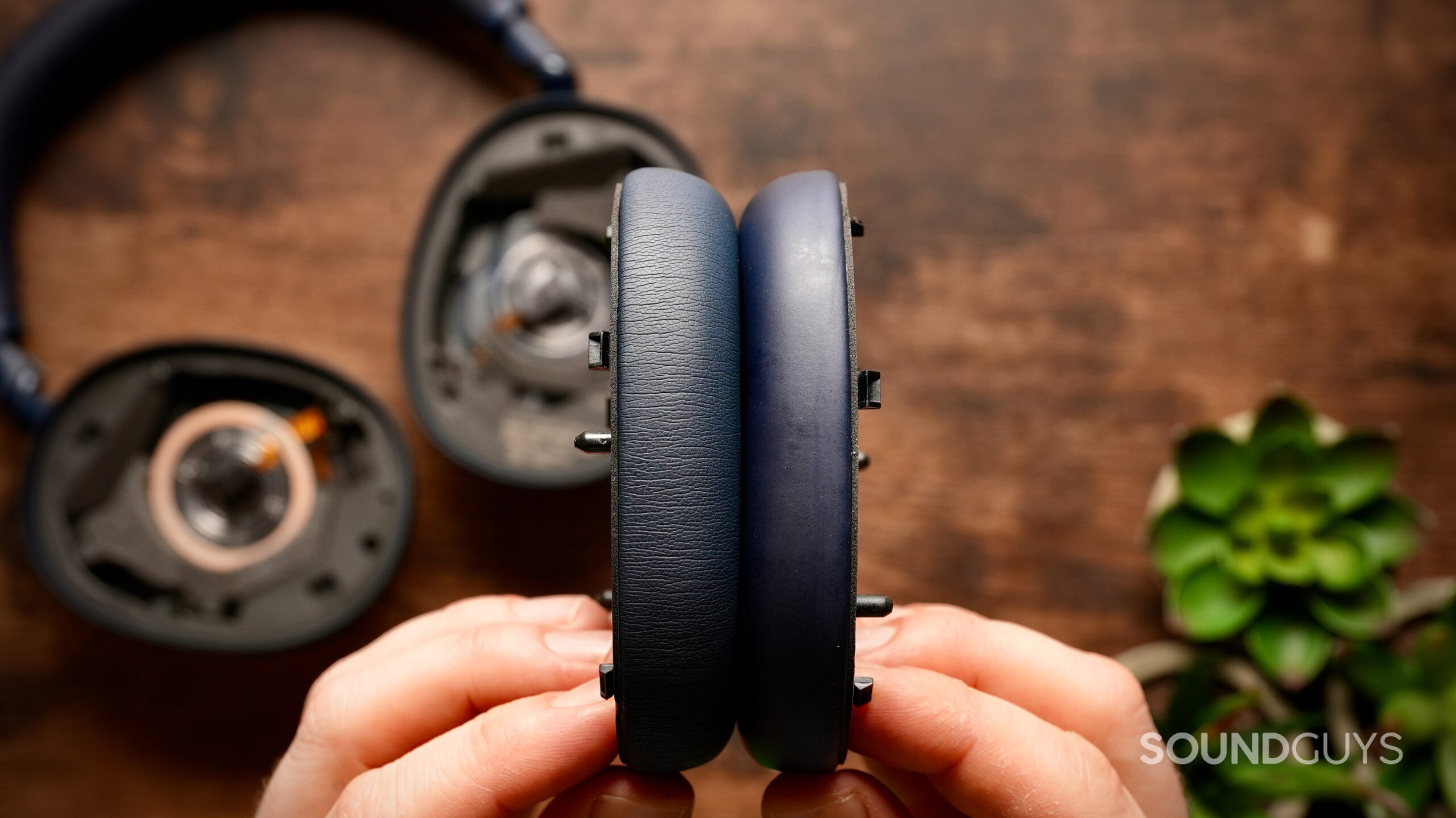 Side-by-side comparison of Wicked Cushions and stock Sony WH-1000XM6 ear pads showing thickness difference
