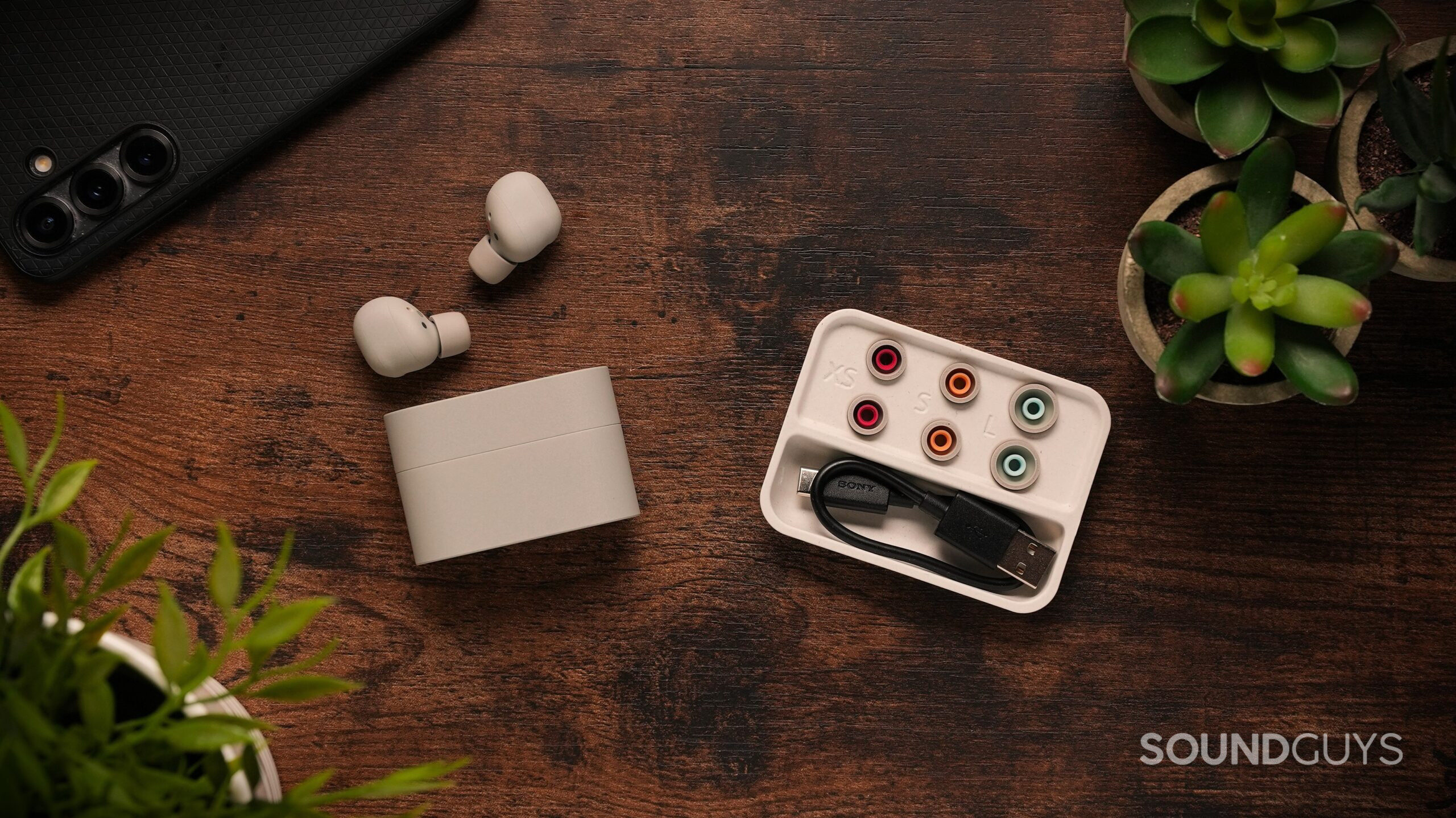 sony wf-1000xm6 earbuds with case and ear tips accessories