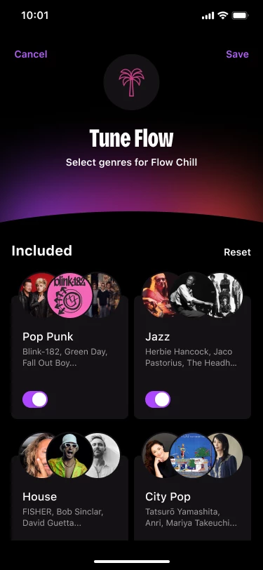 A screenshot of the Flow Tuner feature on Deezer's mobile app.