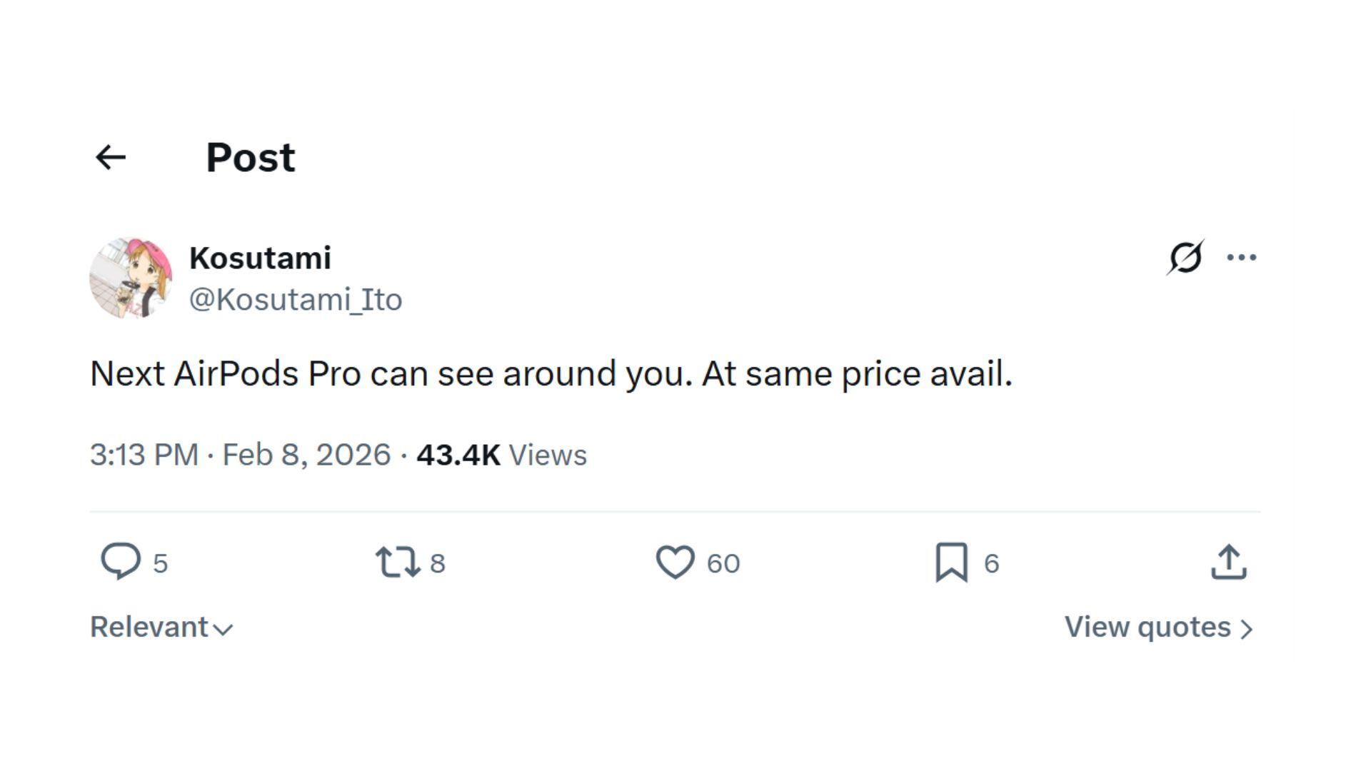 Kosutami-Apple-AirPods-Pro-3-IR-camera-tweet A screenshot of Kosutami's X post regarding the AirPods Pro 3 with IR cameras.