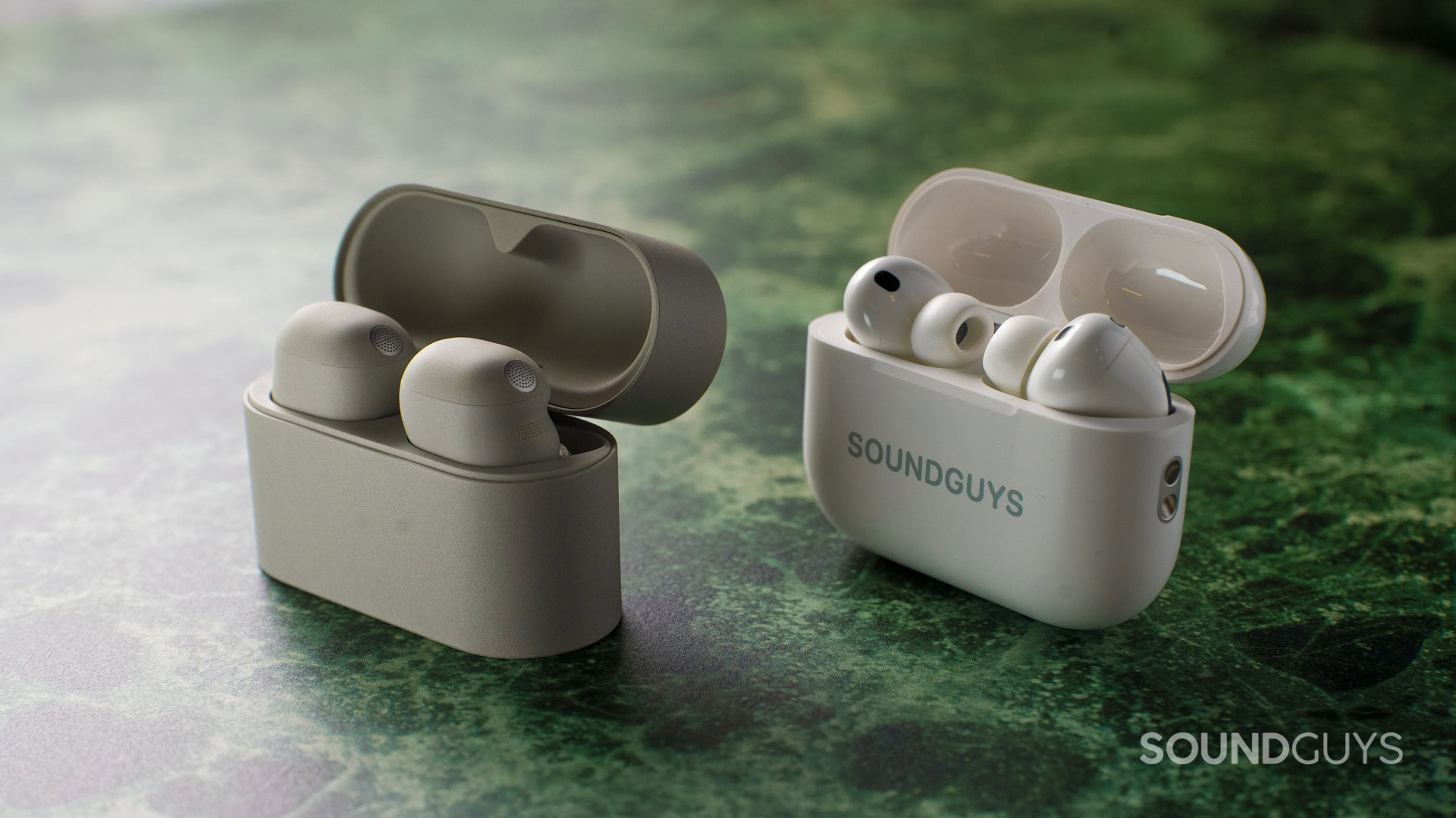 SG_Sony WF-1000XM6 vs Apple AirPods Pro 3 Thumbnail-4 Top down photo of the Sony WF-1000XM6 earbuds and the AirPods Pro 3