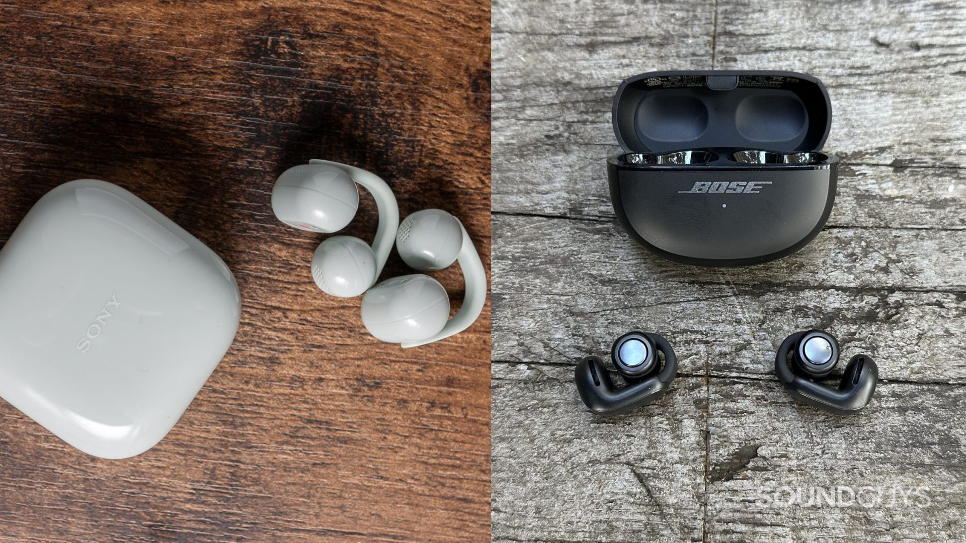 Sony LinkBuds Clip Vs Bose Ultra Open Earbuds Top down photo of the Sony LinkBuds Clip vs Bose Ultra Open Earbuds