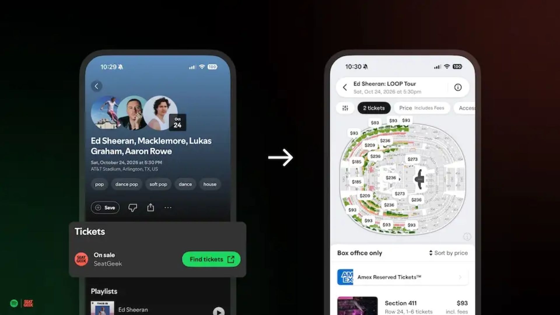 Spotify-partners-with-SeatGeek A screenshot of Spotify's ticketing partnerships.