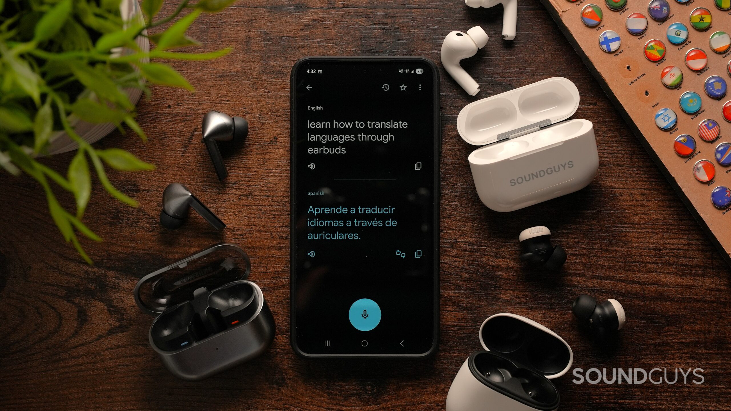 translation earbuds (2) airpods, galaxy buds and pixel buds beside a phone with google translate on screen.