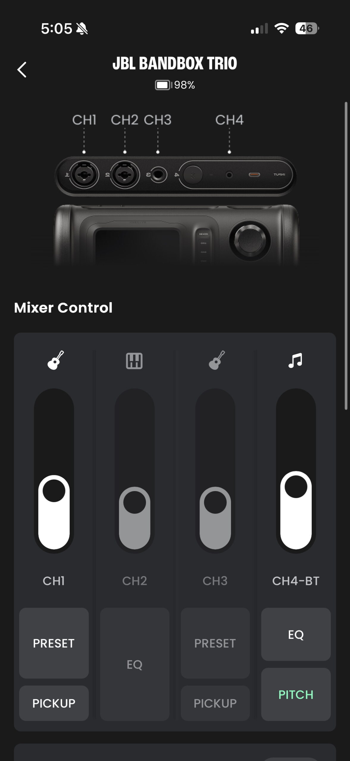 A screenshot of the JBL One app while connected to the Bandbox Trio