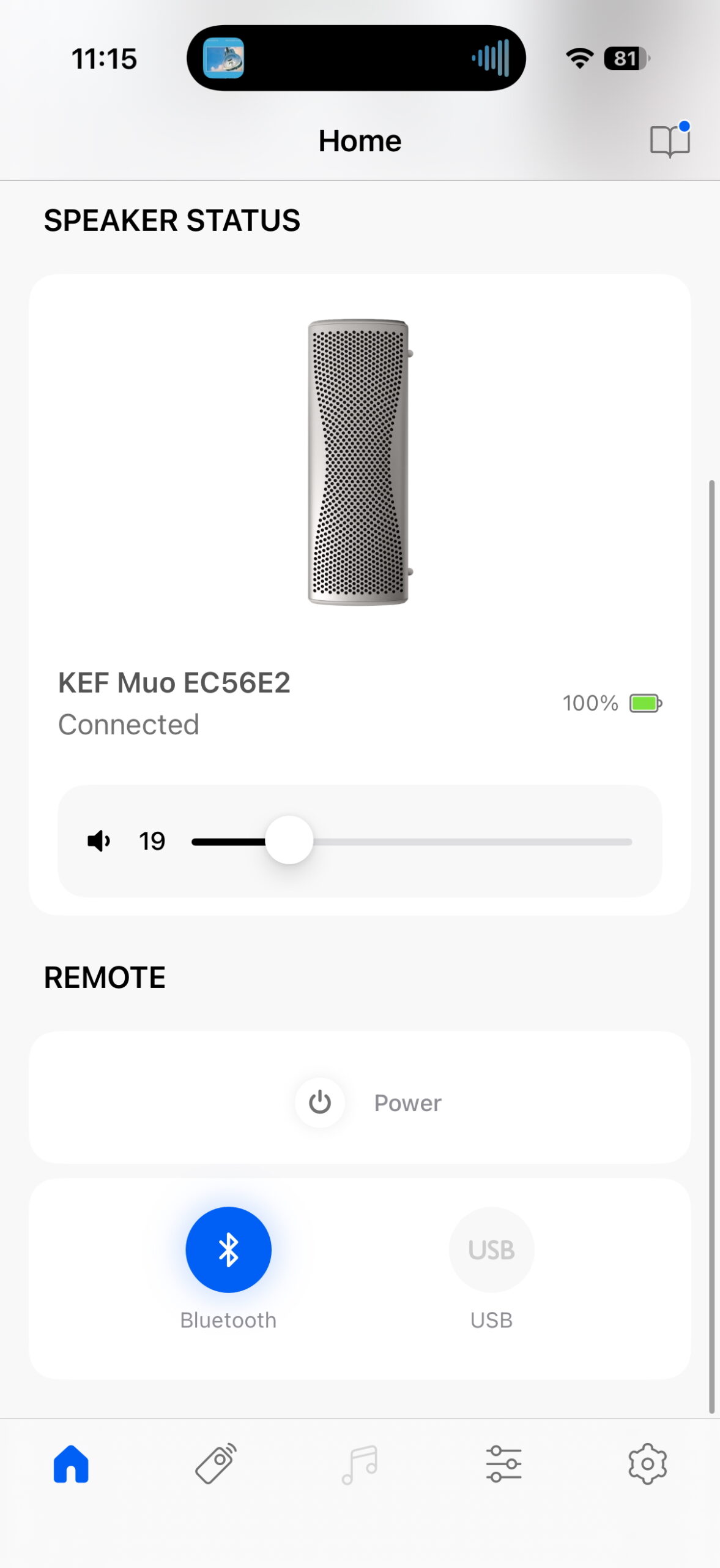 KEF Connect app home screen showing speaker status and volume control