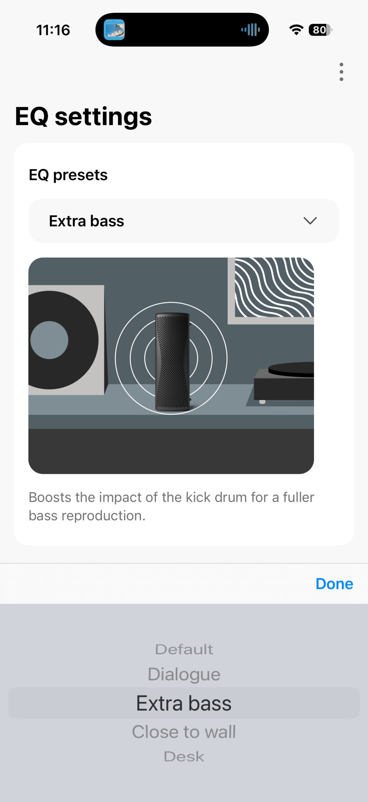 KEF Connect app EQ settings showing Extra bass preset