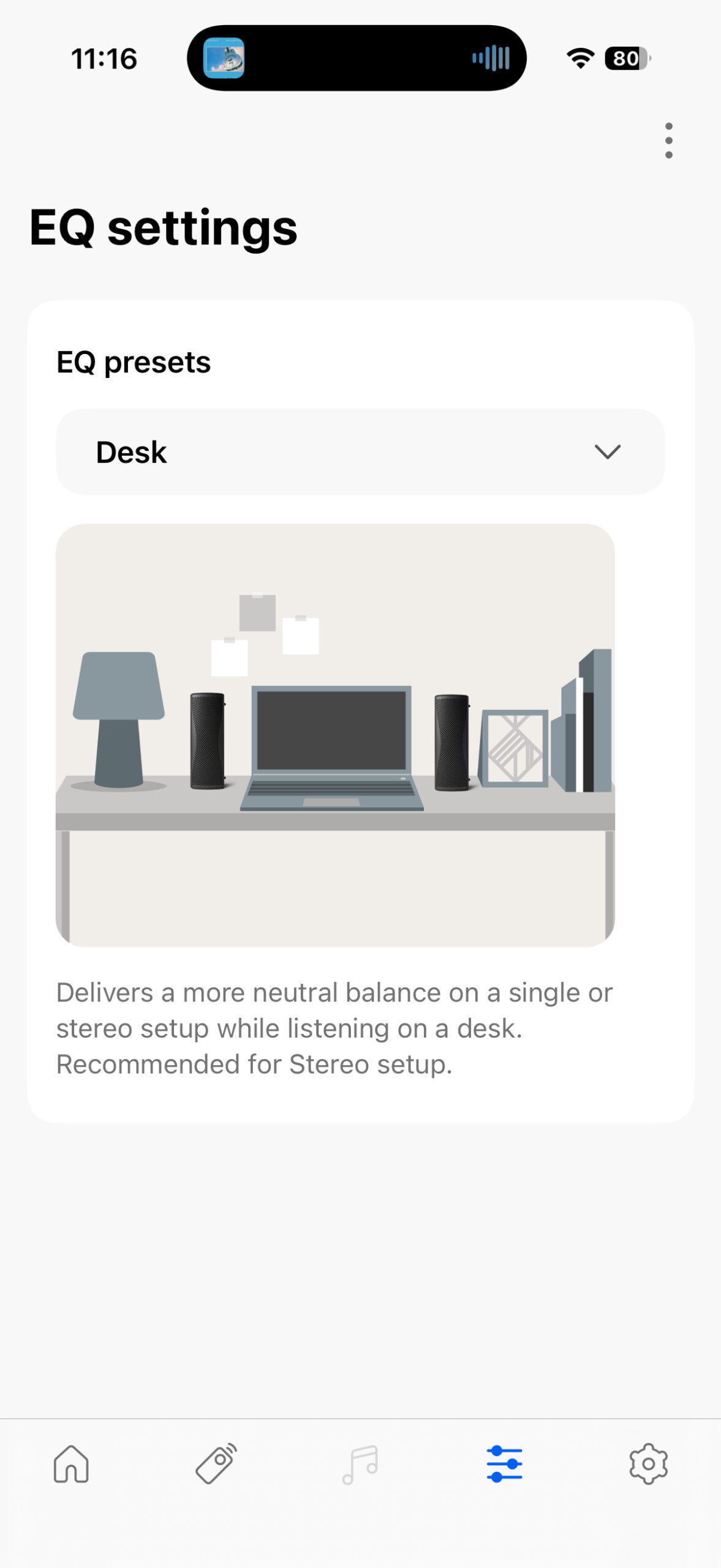 KEF Connect app EQ settings showing Desk preset on smartphone