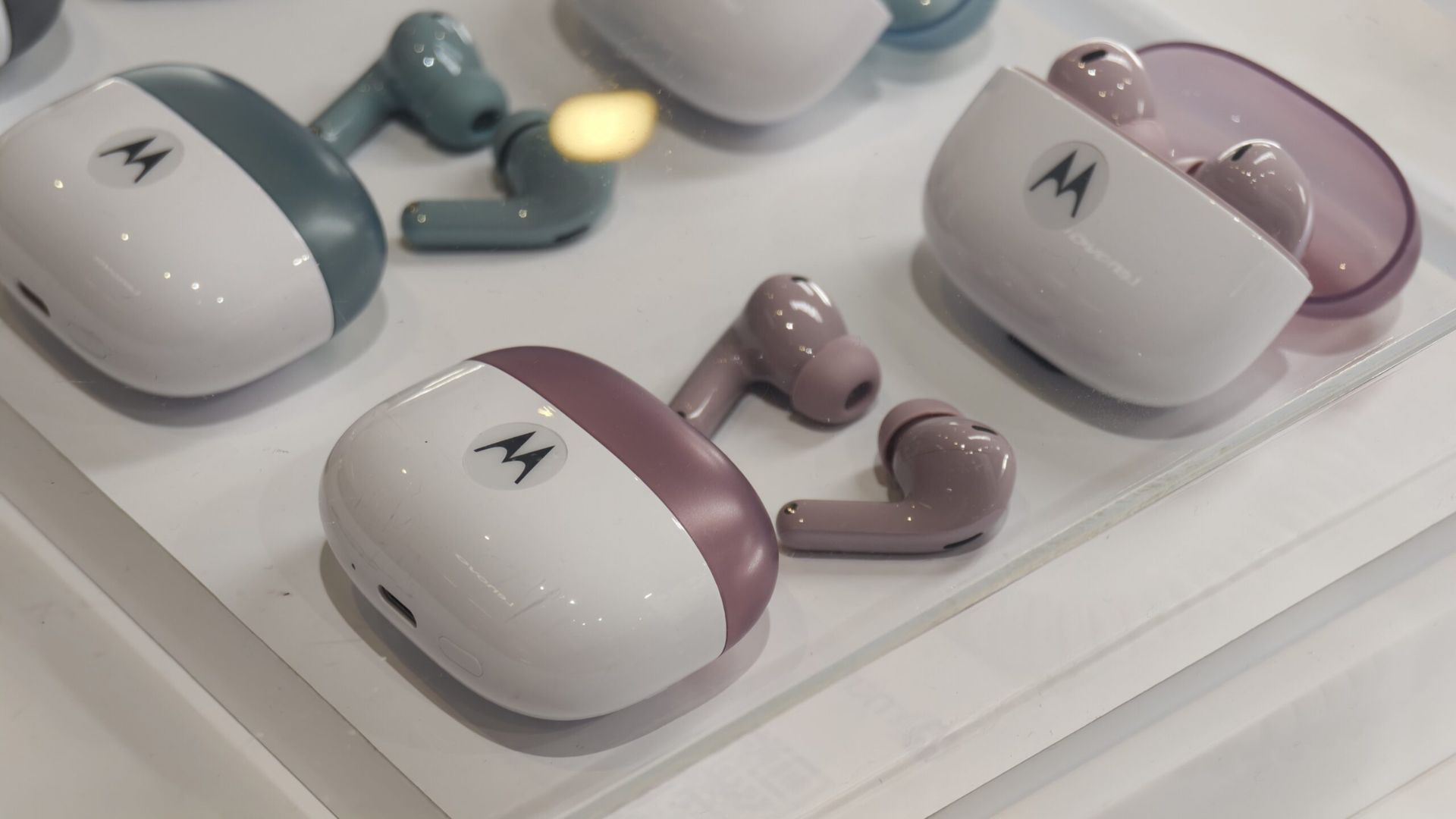 A photograph of the Motorola Moto Buds 2 earbuds.